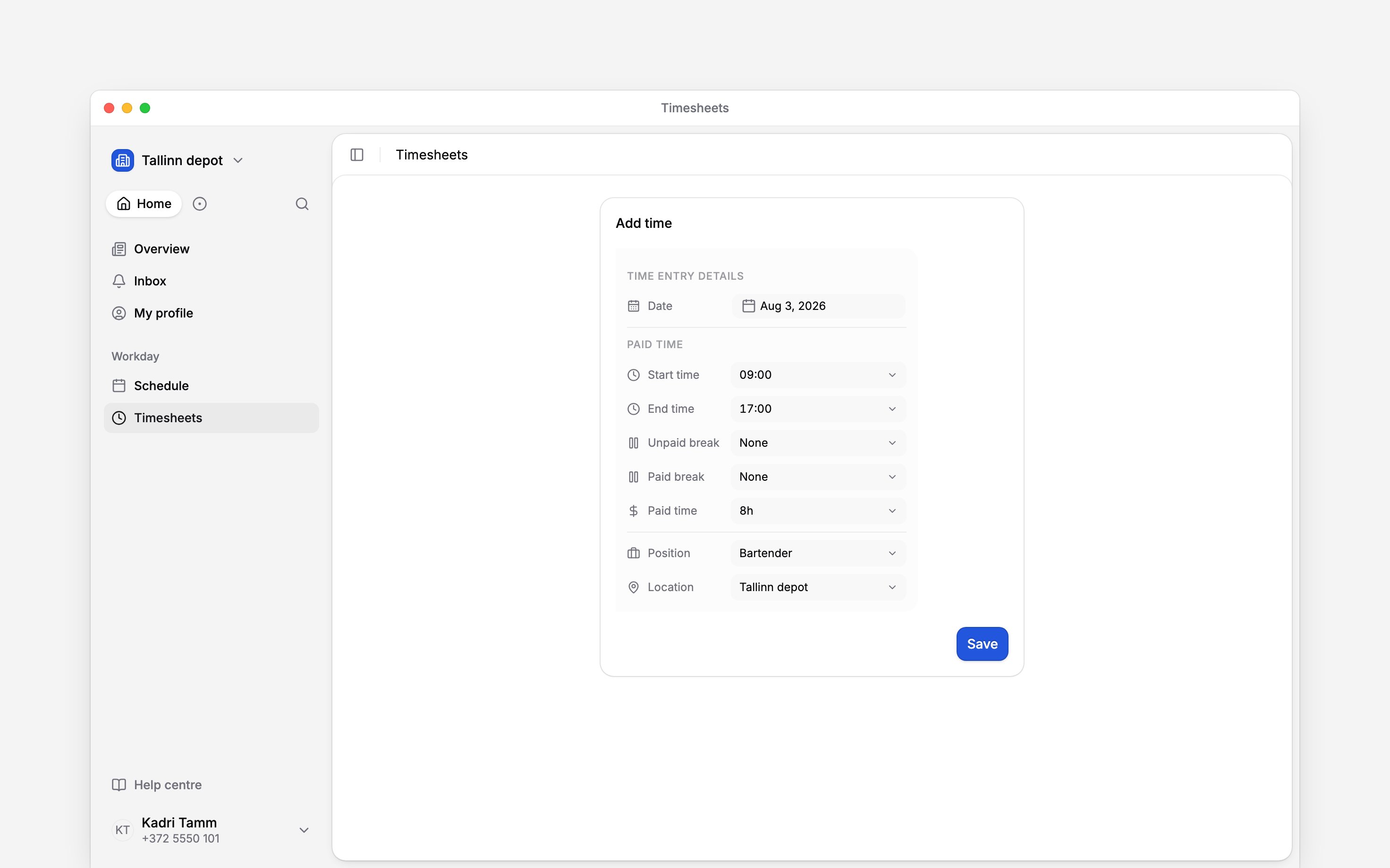The Add time form for your own work with date, start and end time and work details