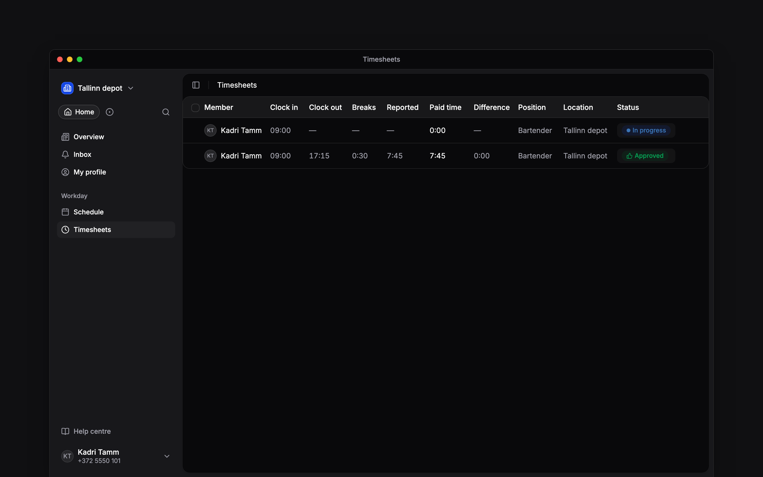 Your own timesheet entries with recorded start, finish and working hours