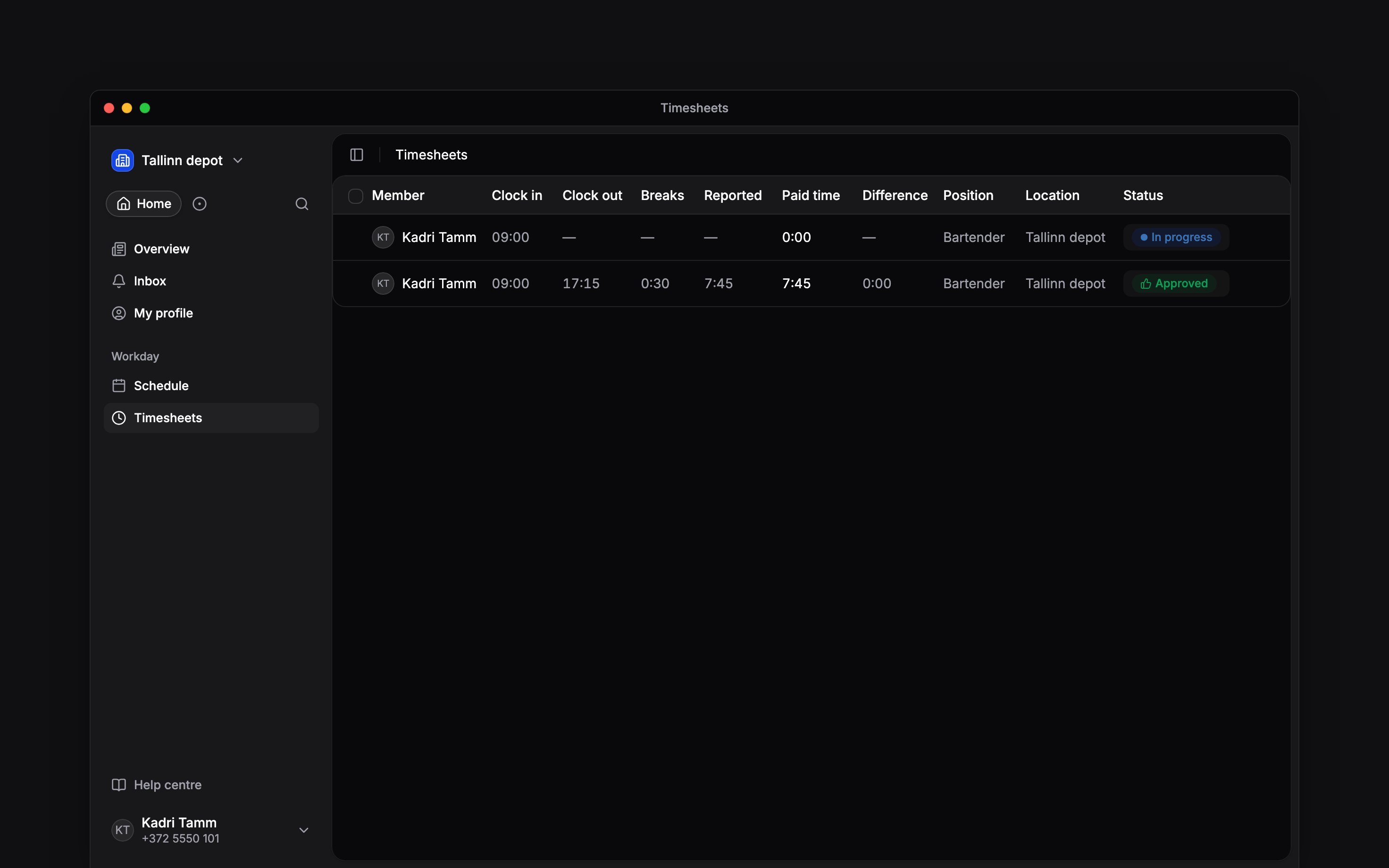 Your own timesheet entries with recorded start, finish and working hours
