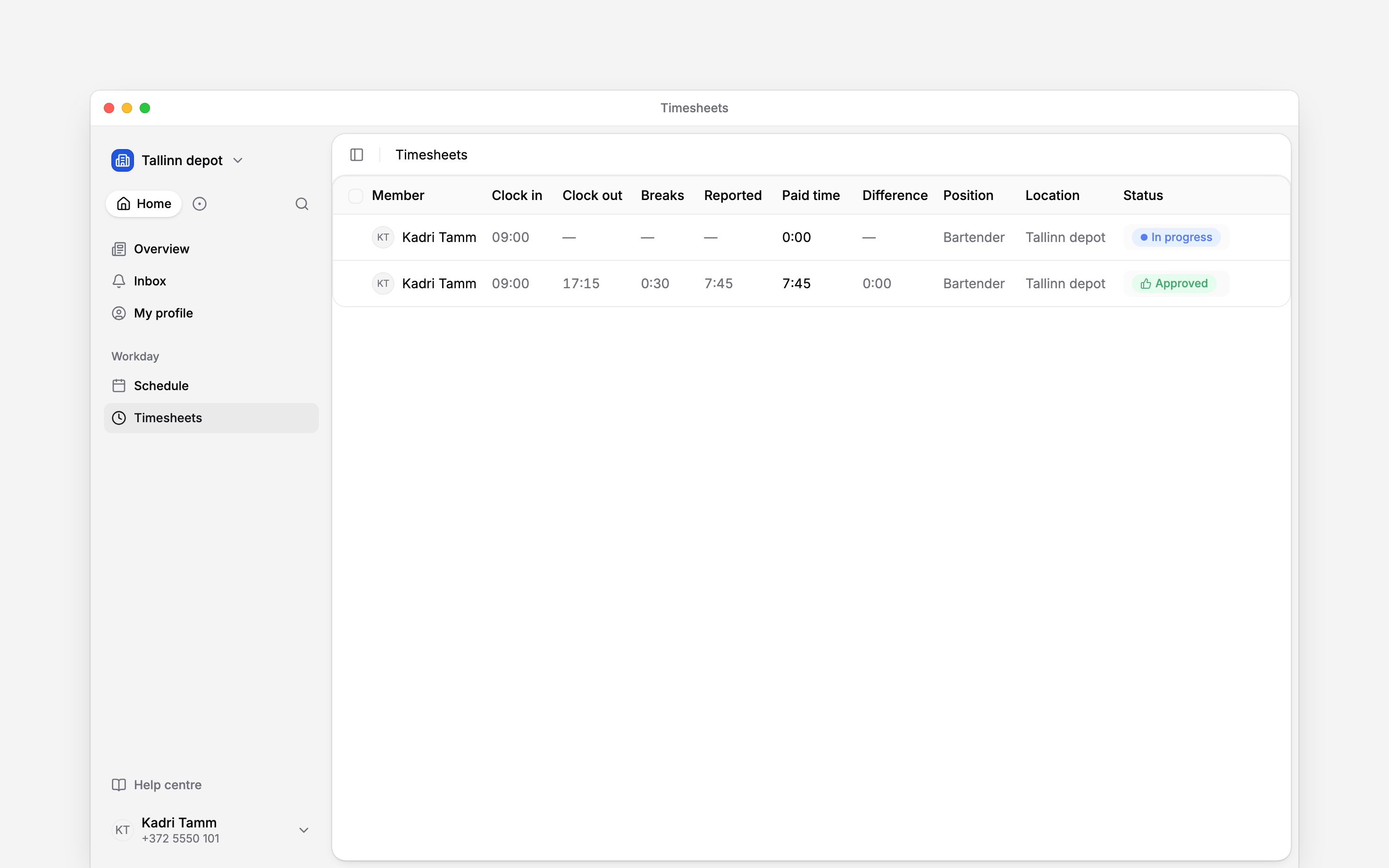 Your own timesheet entries with recorded start, finish and working hours