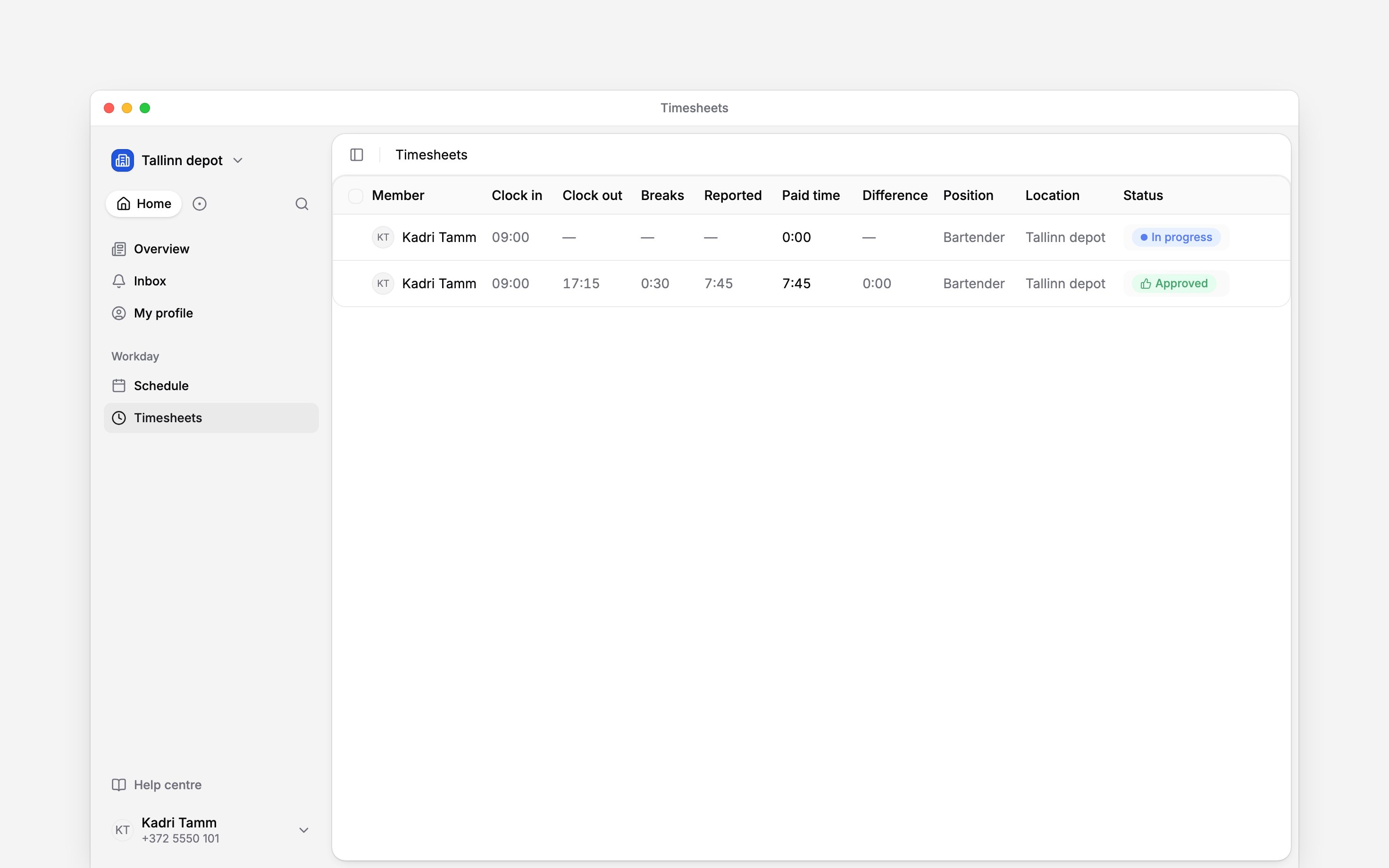 Your own timesheet entries with recorded start, finish and working hours