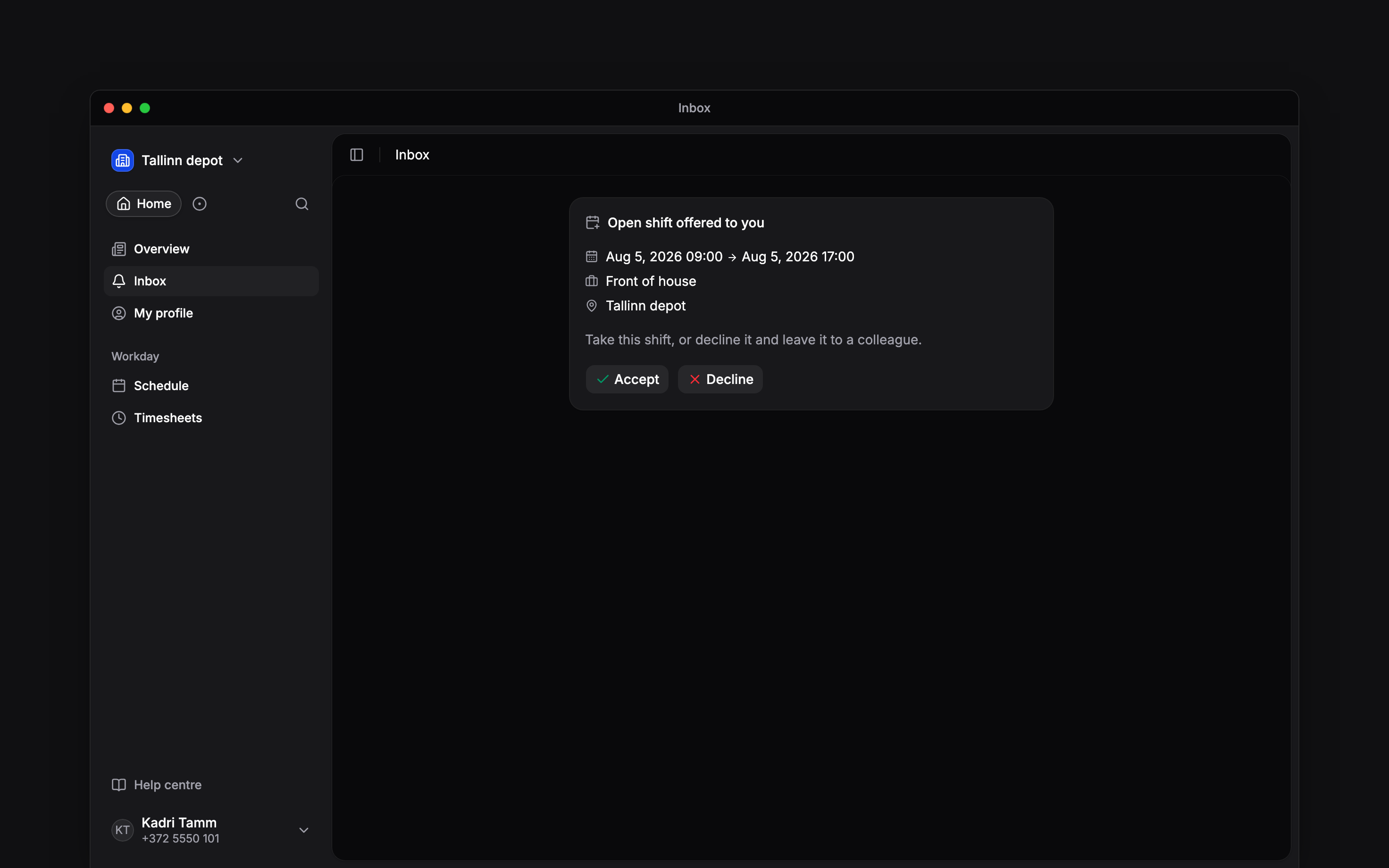 An employee inbox offer showing shift details and Accept and Decline