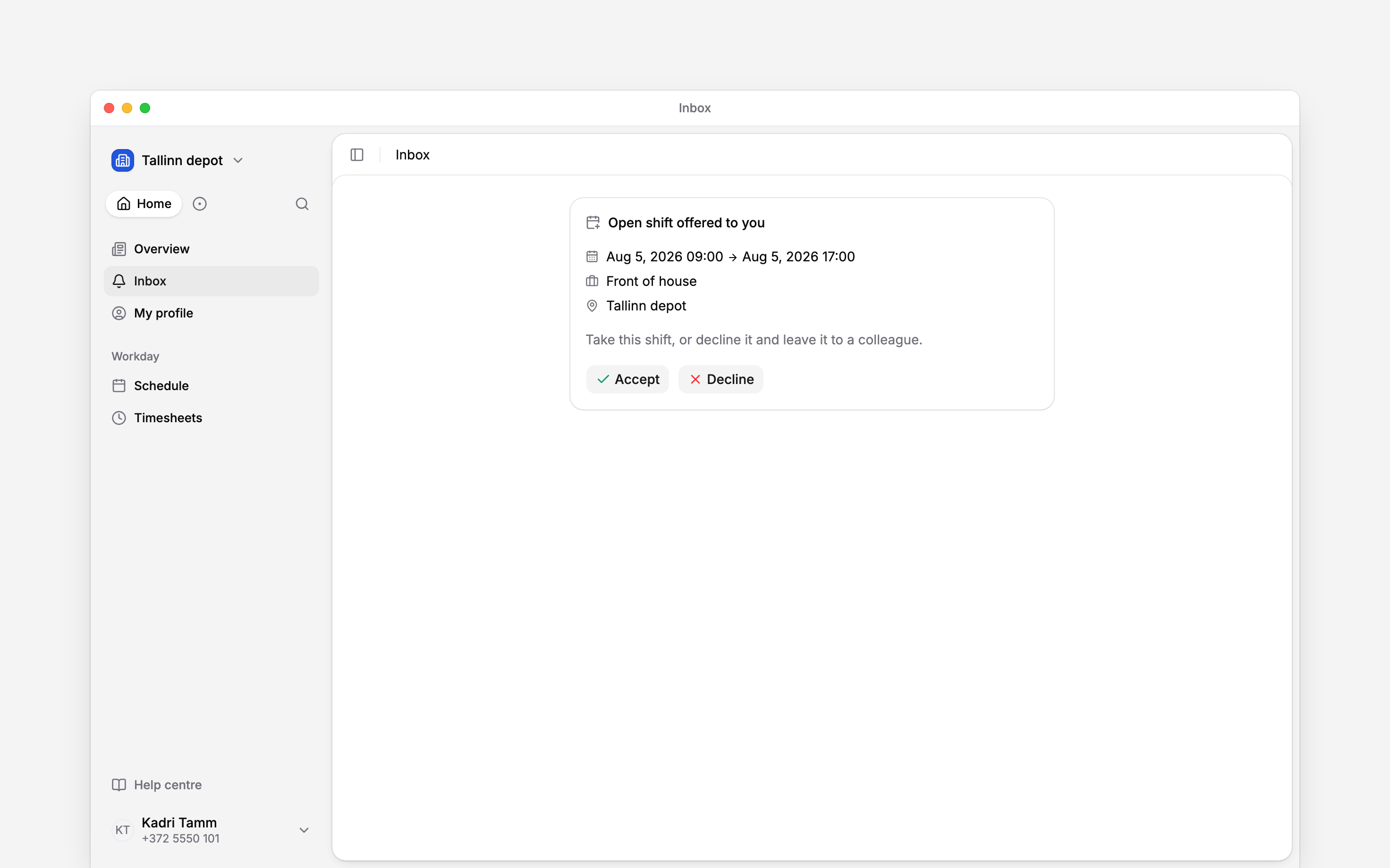 An employee inbox offer showing shift details and Accept and Decline