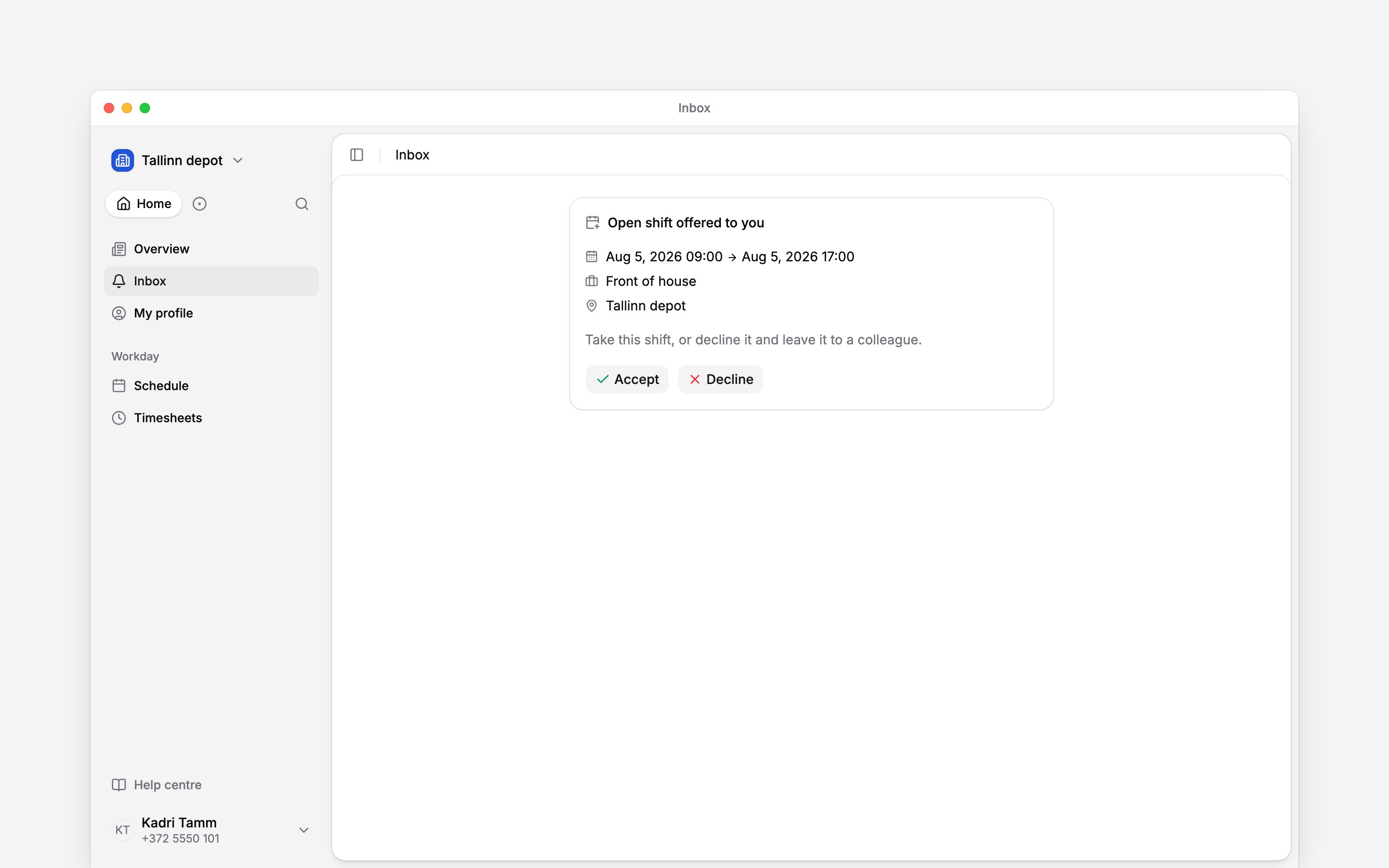An employee inbox offer showing shift details and Accept and Decline