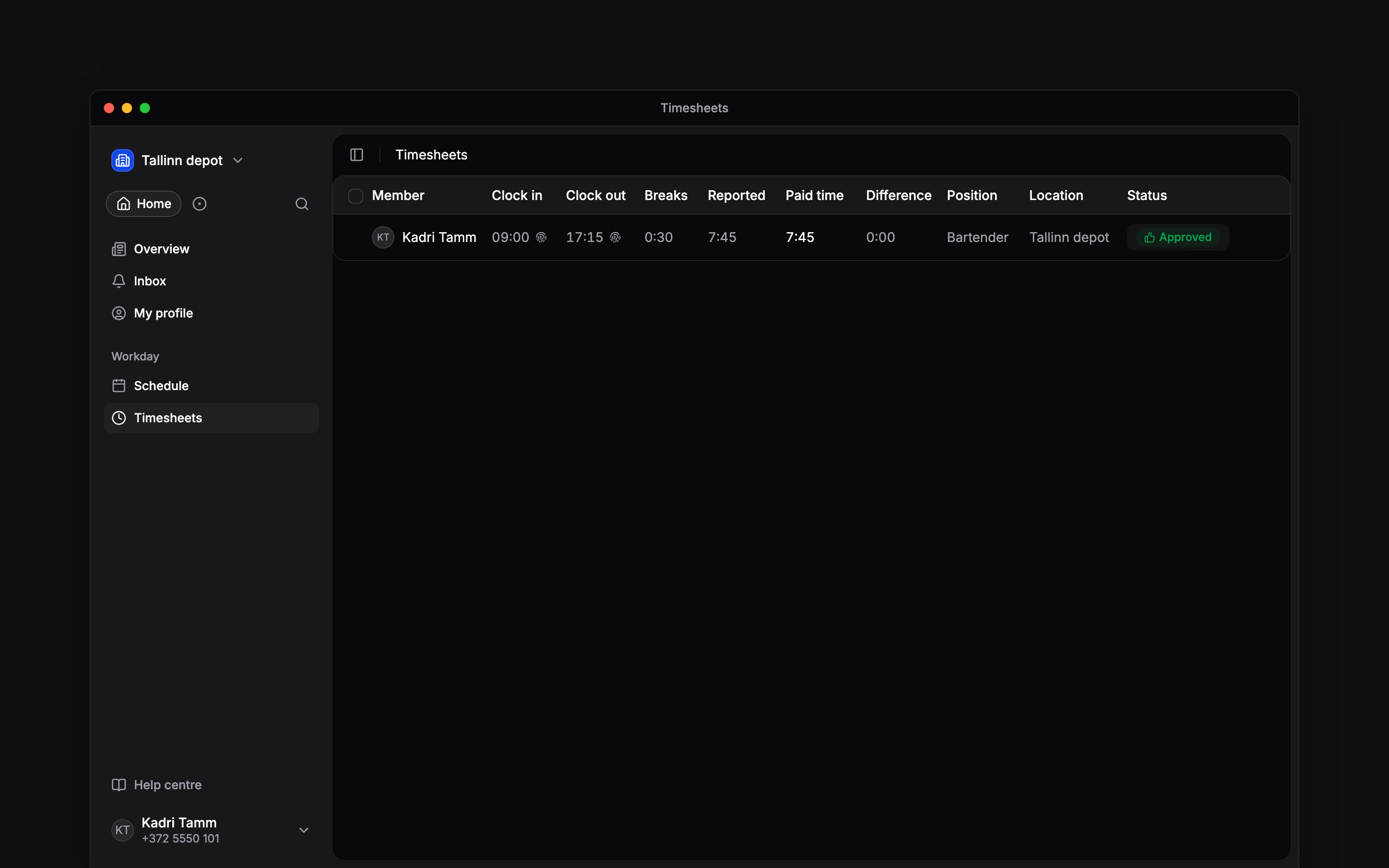 Your own time entry displaying Terminal as the punch method