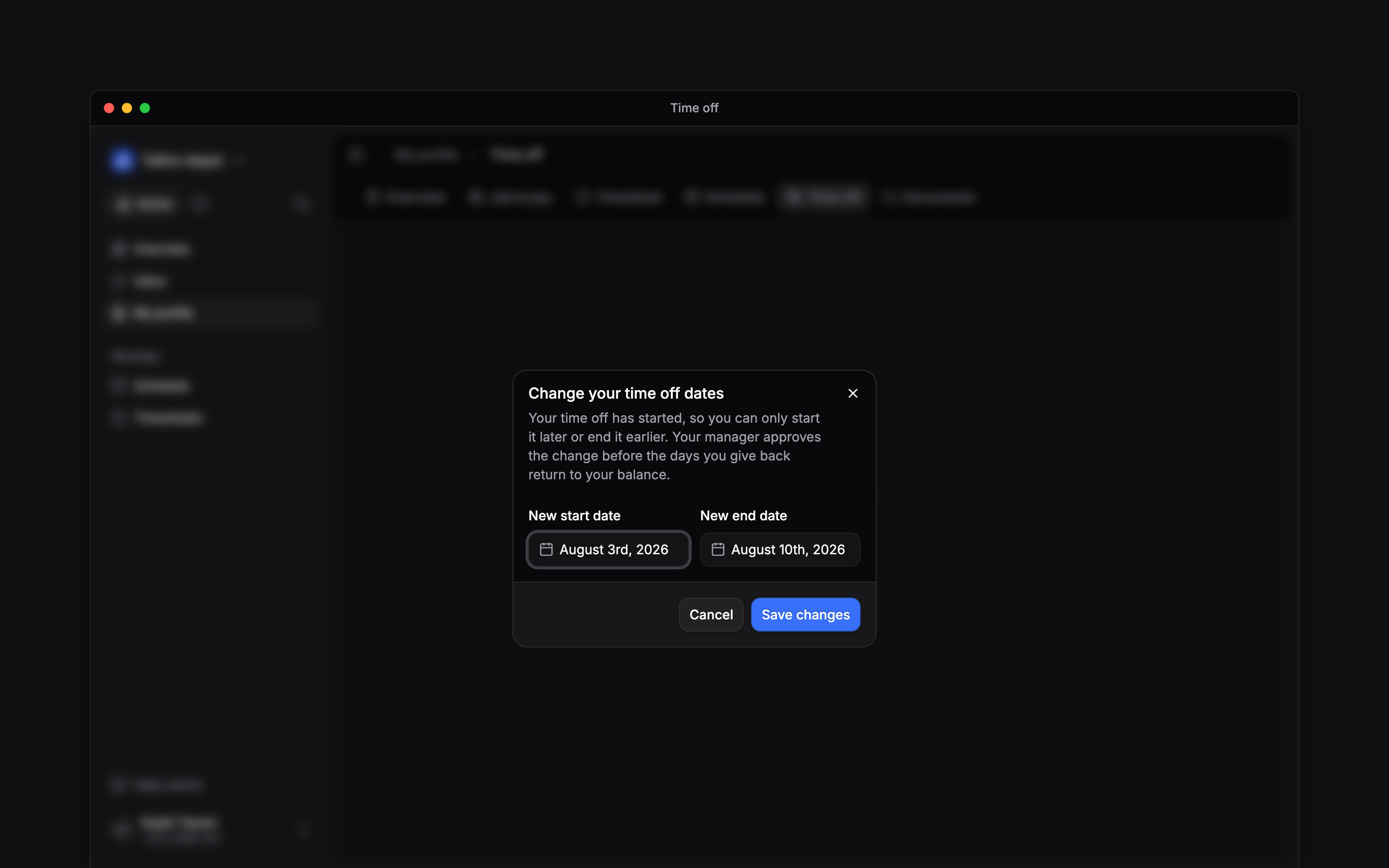 The Change your time off dates dialog with new start and end fields and the approval requirement