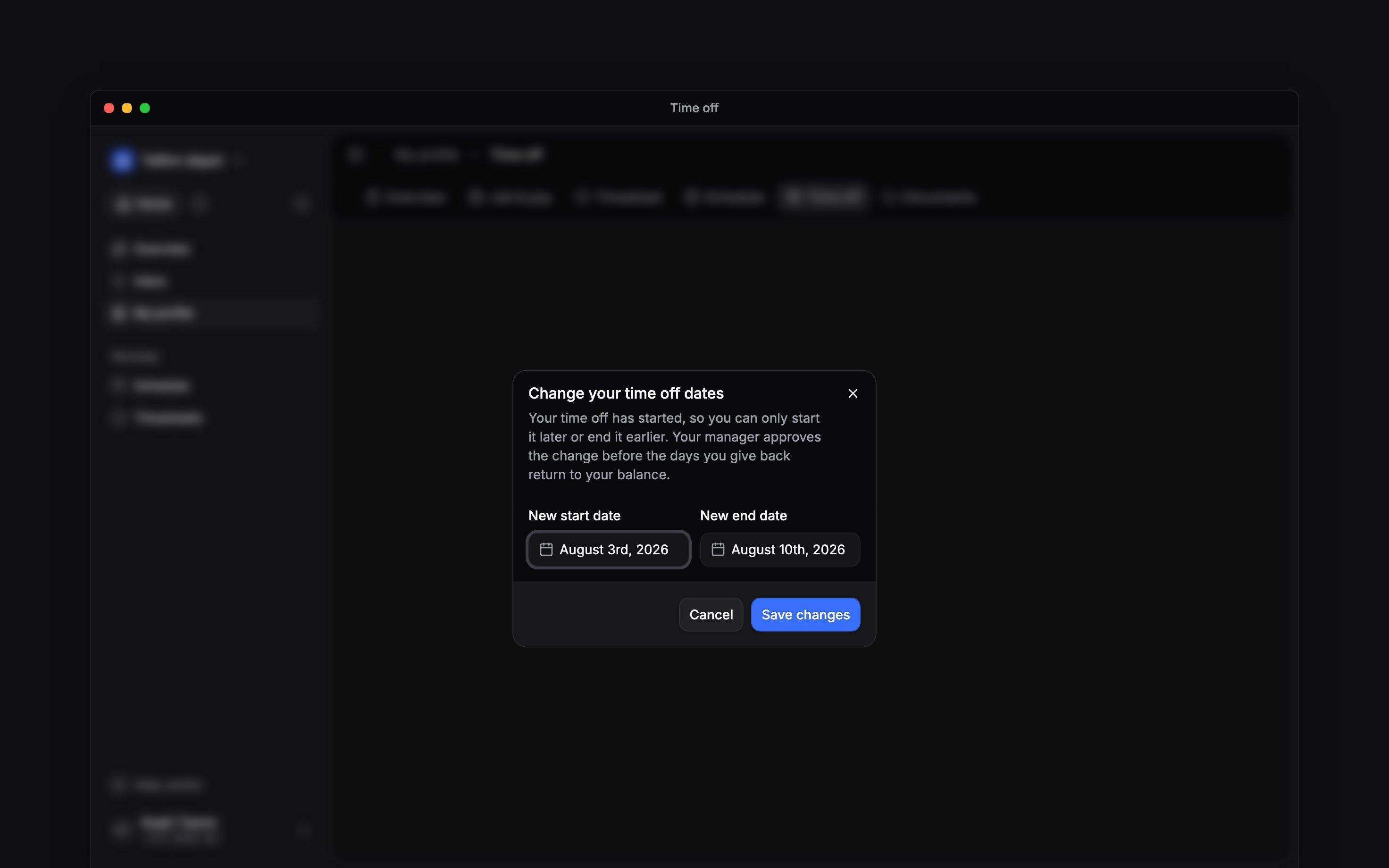 The Change your time off dates dialog with new start and end fields and the approval requirement