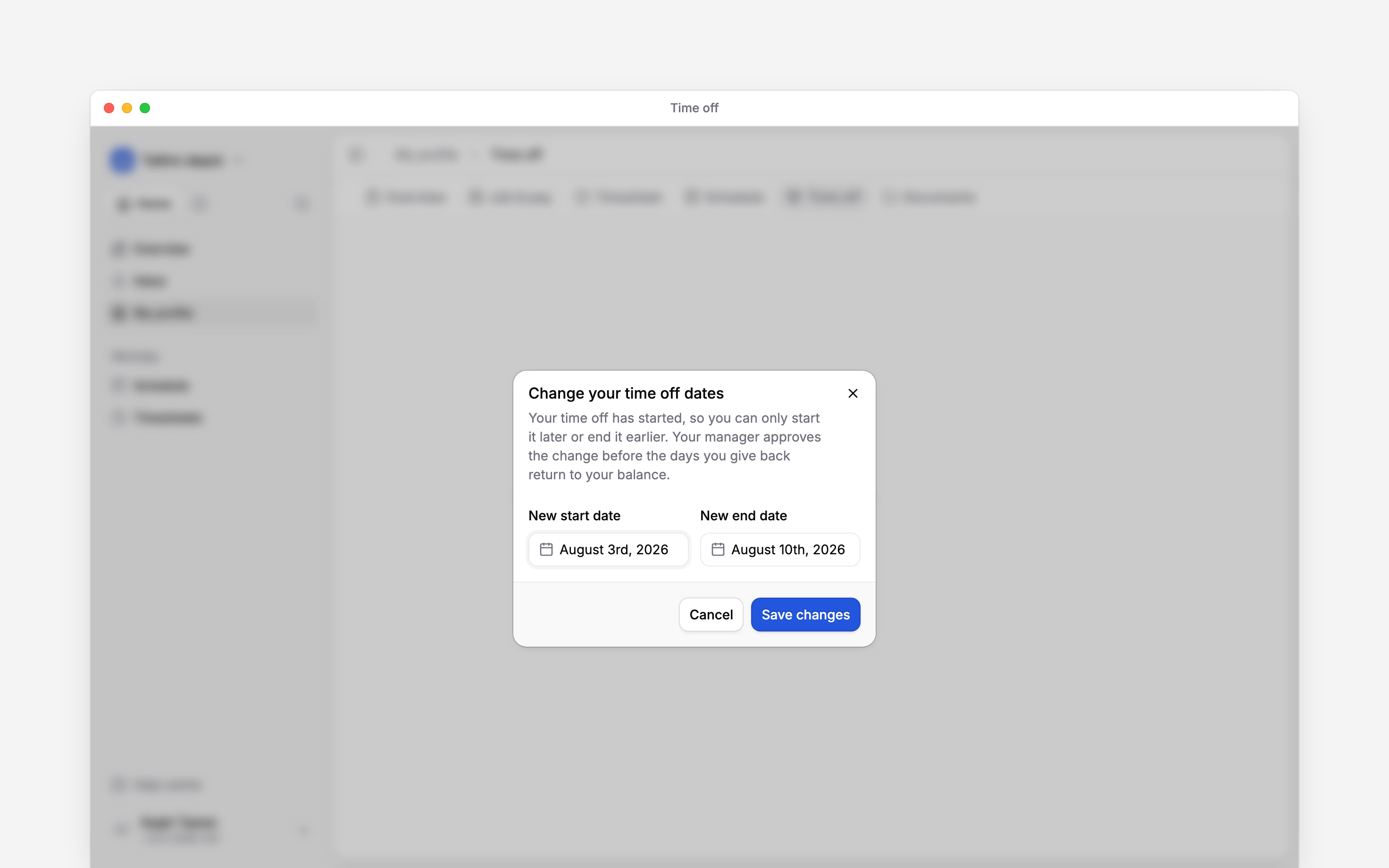 The Change your time off dates dialog with new start and end fields and the approval requirement