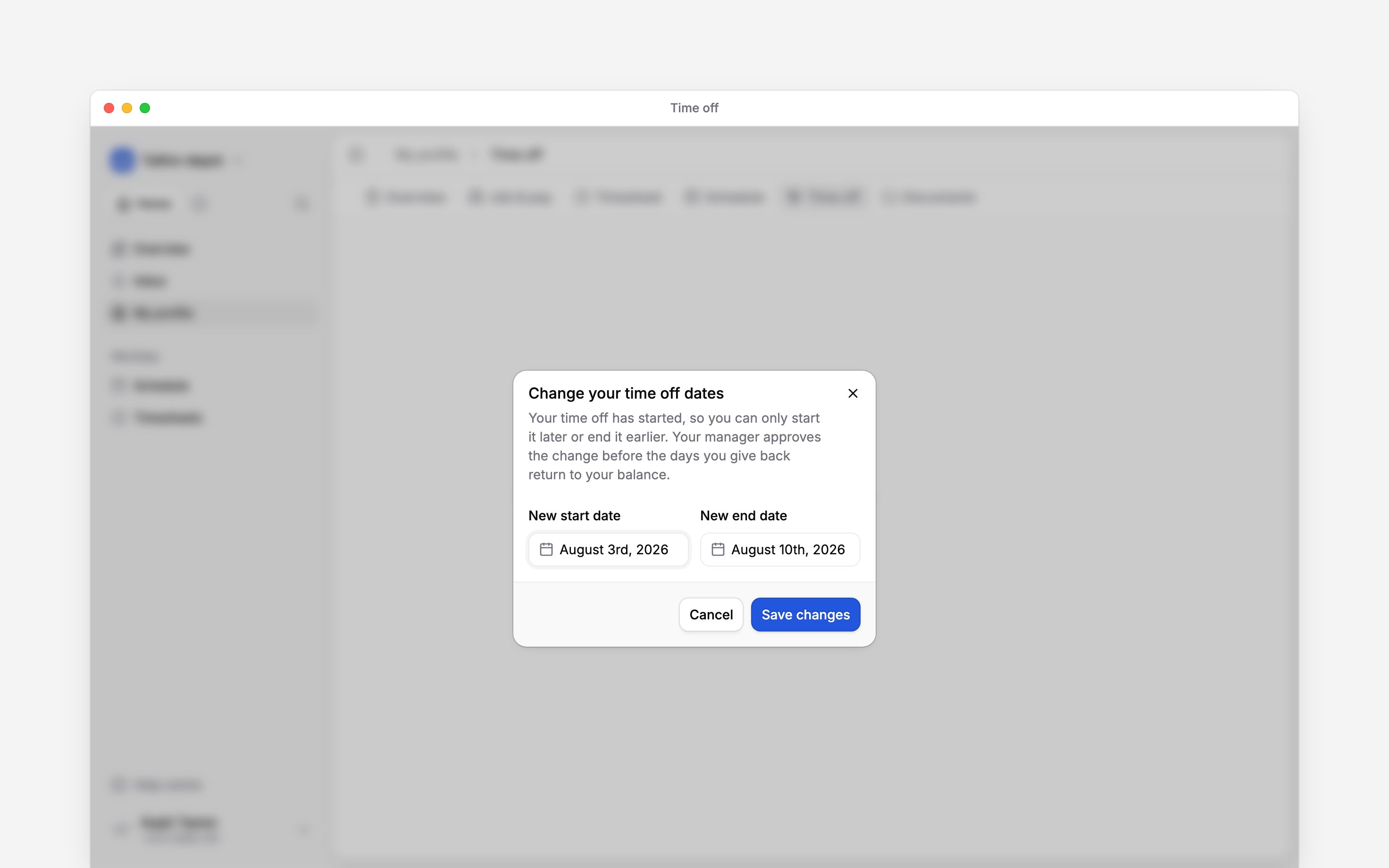 The Change your time off dates dialog with new start and end fields and the approval requirement