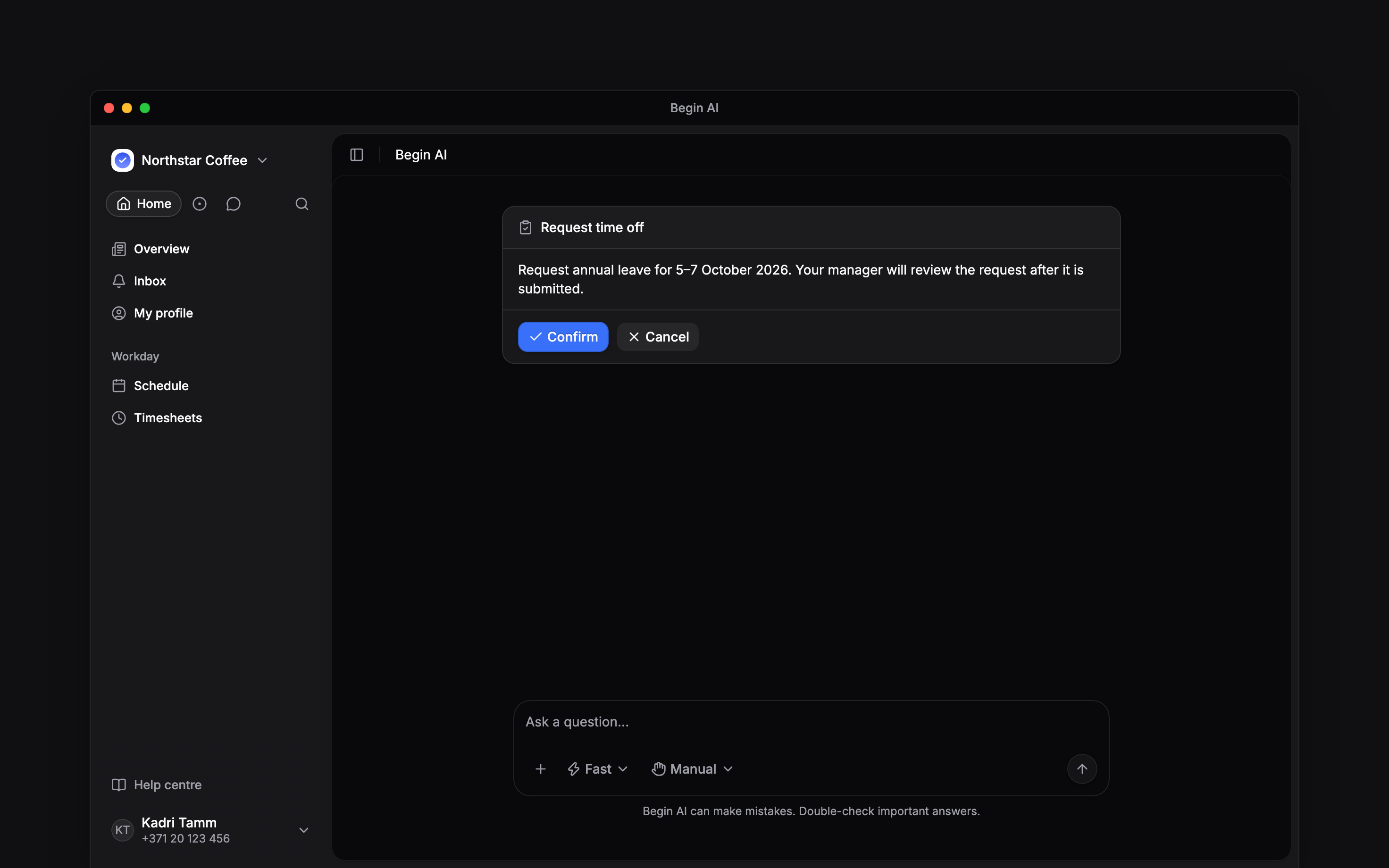 A Begin AI confirmation card for an employee time-off request