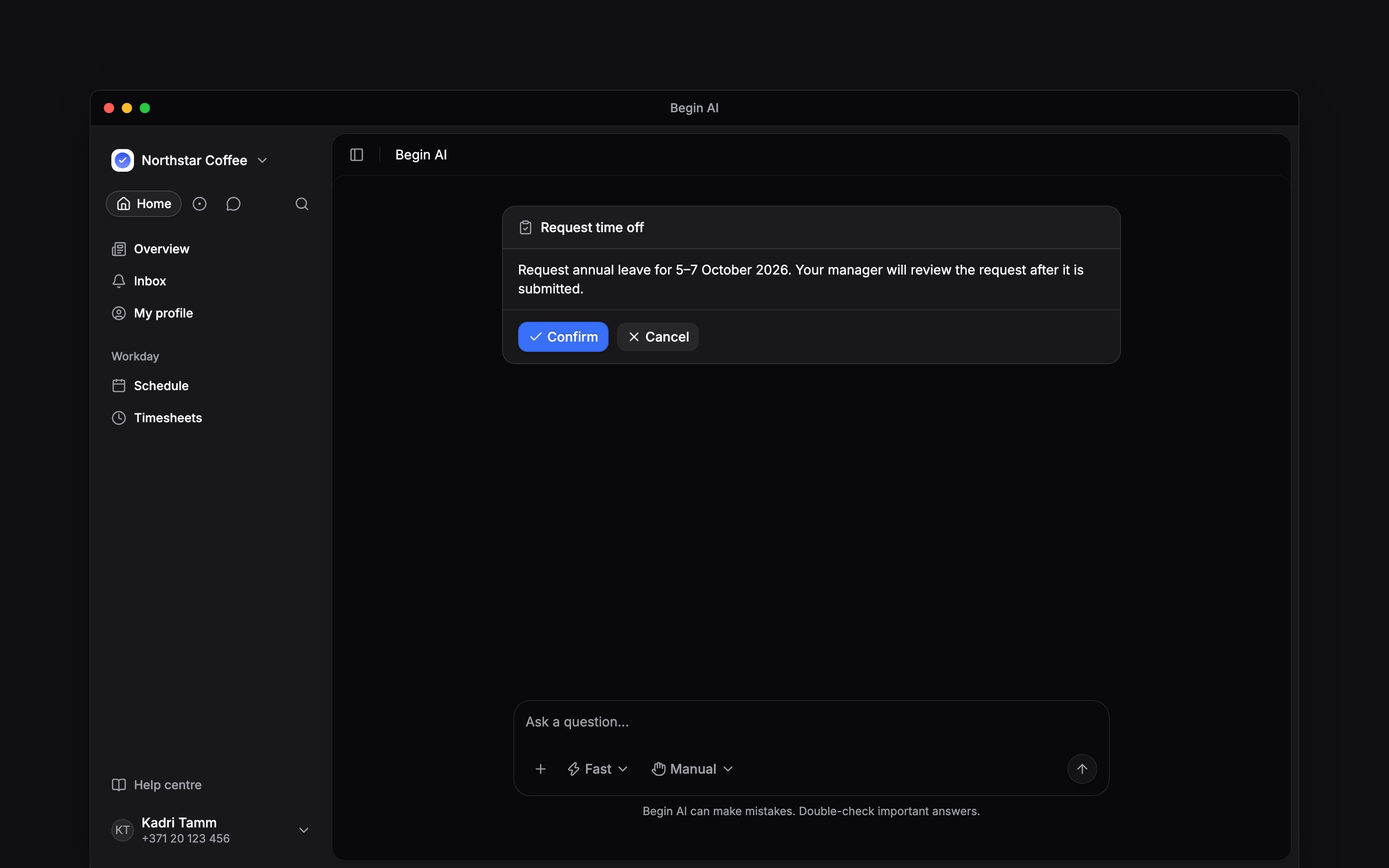 A Begin AI confirmation card for an employee time-off request