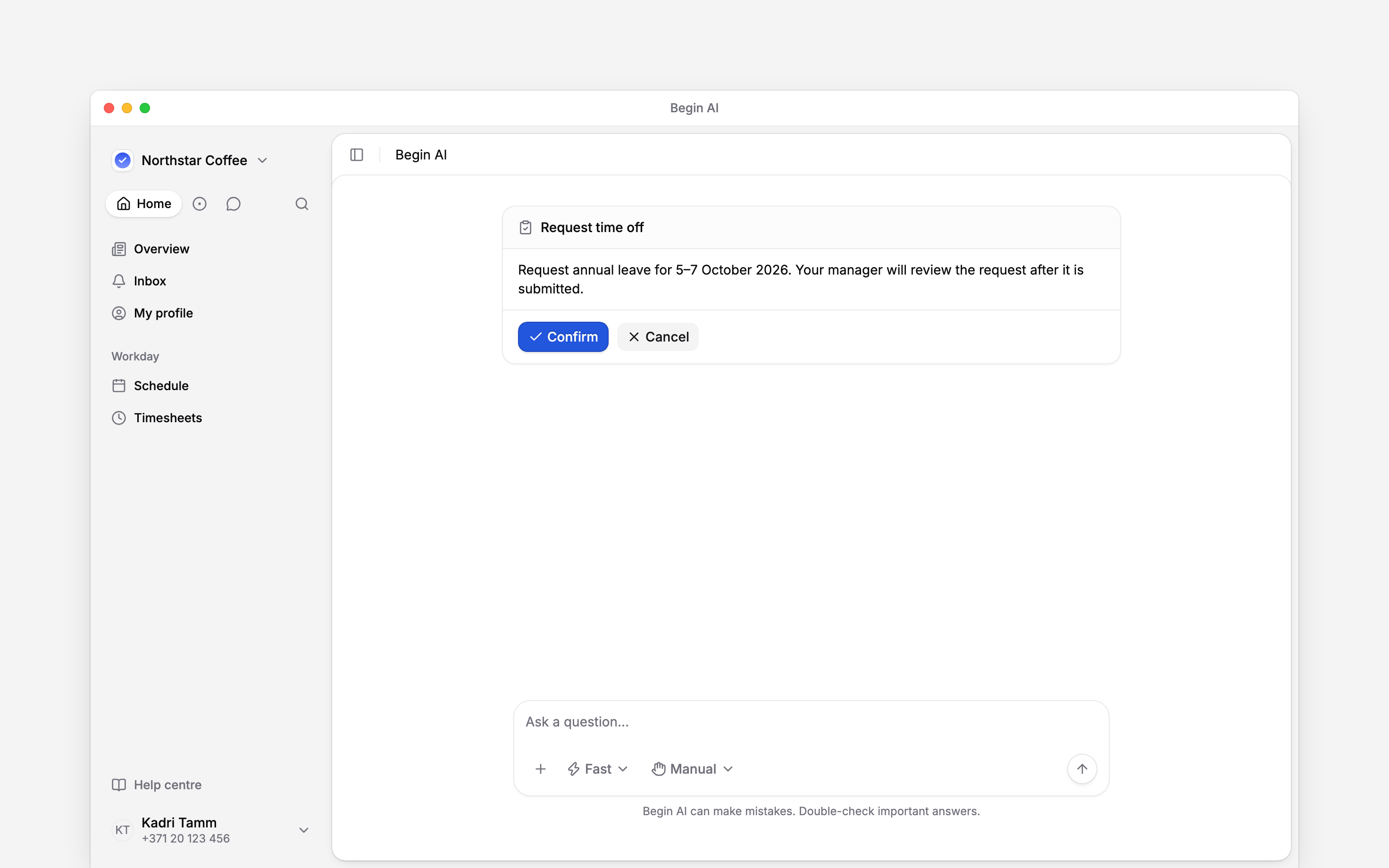 A Begin AI confirmation card for an employee time-off request
