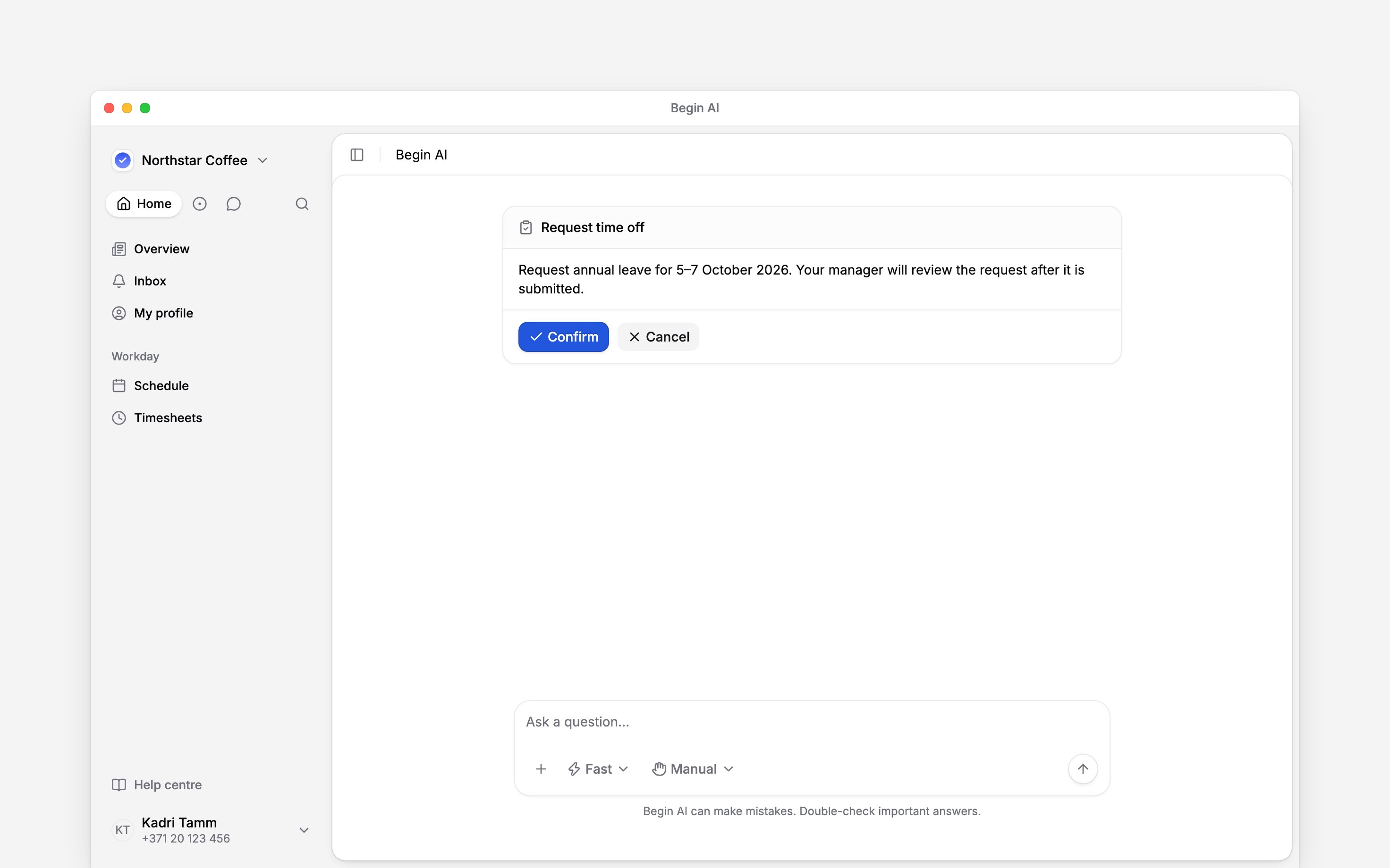 A Begin AI confirmation card for an employee time-off request