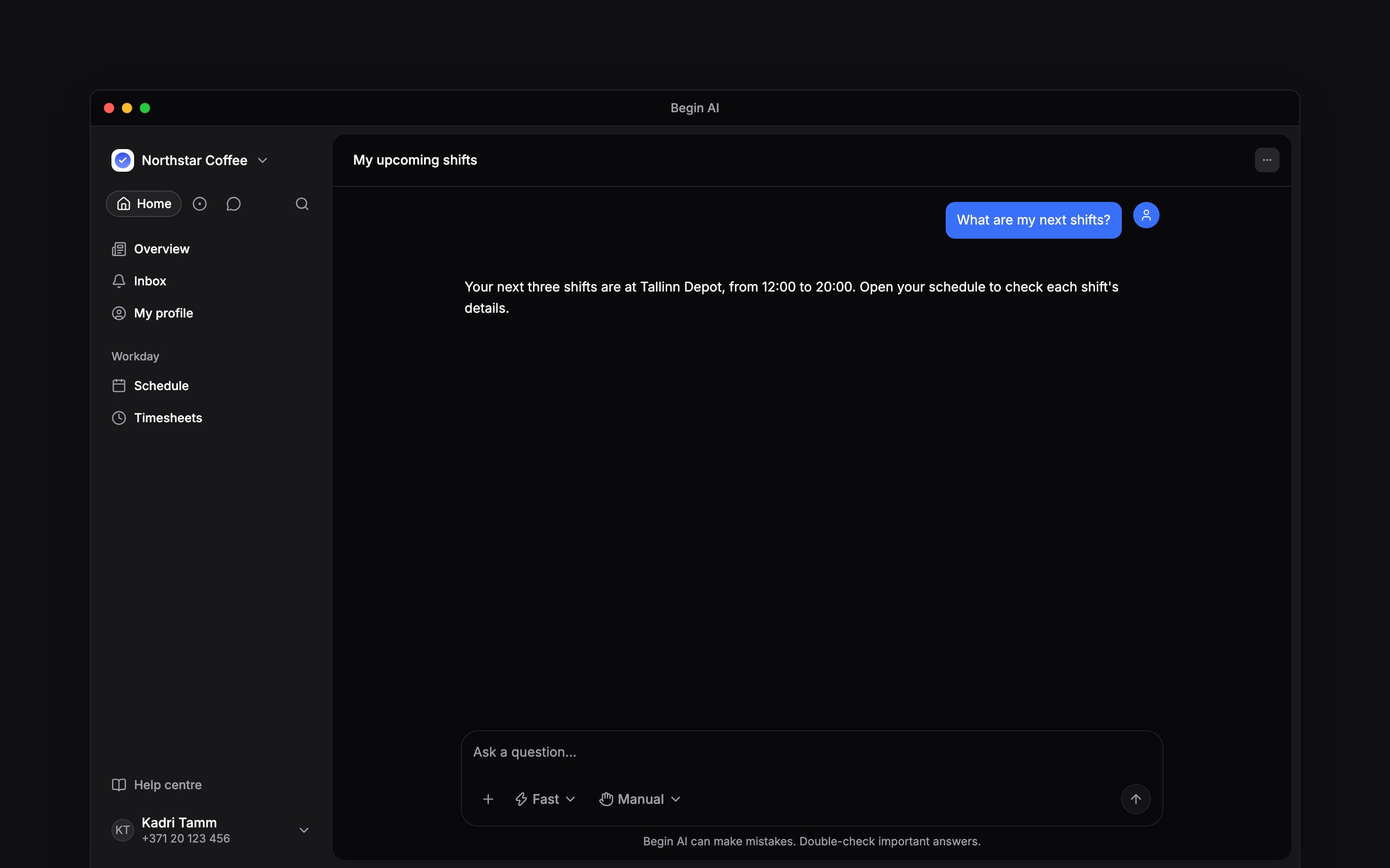 The Begin AI composer where an employee can ask about their work