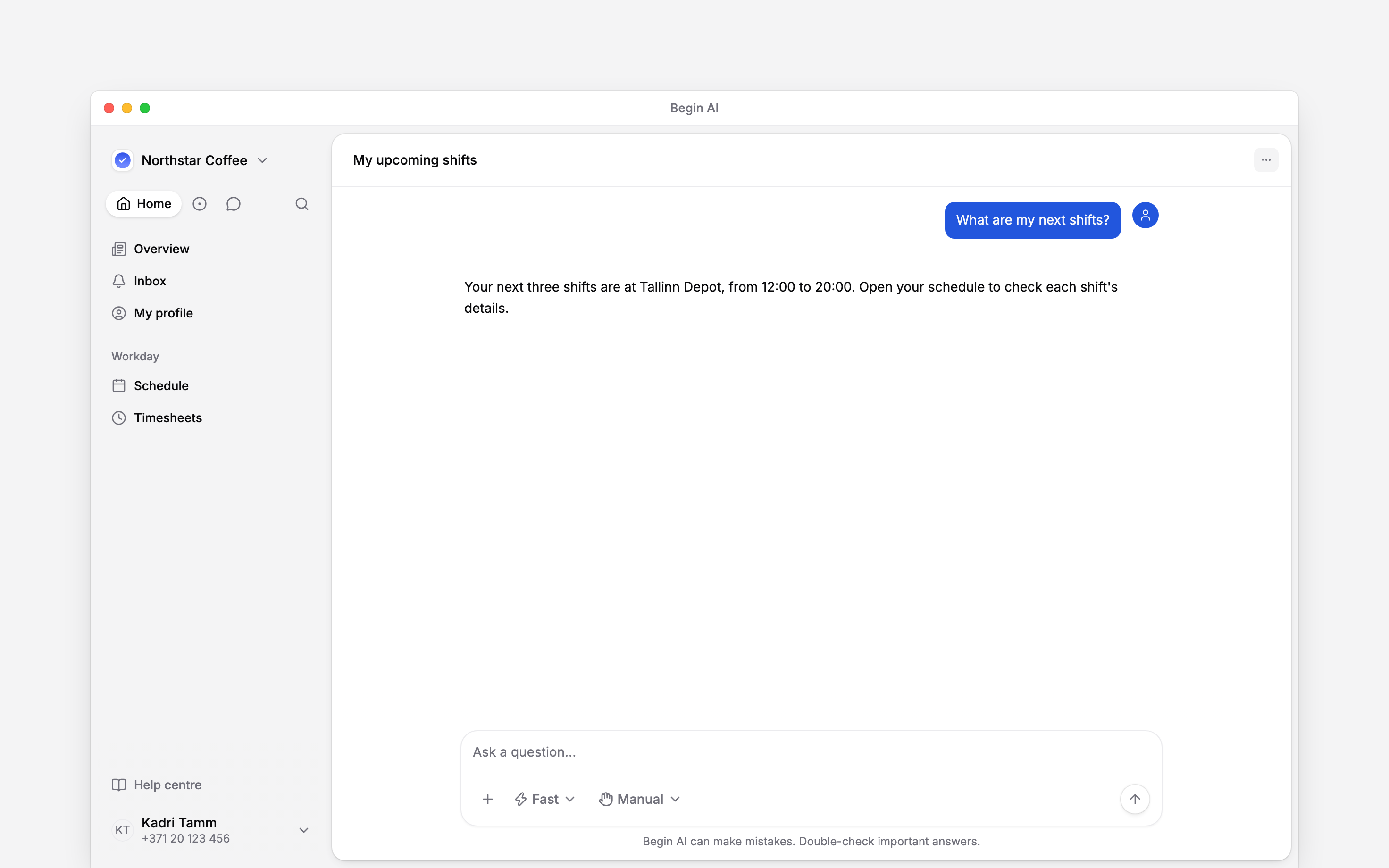 The Begin AI composer where an employee can ask about their work