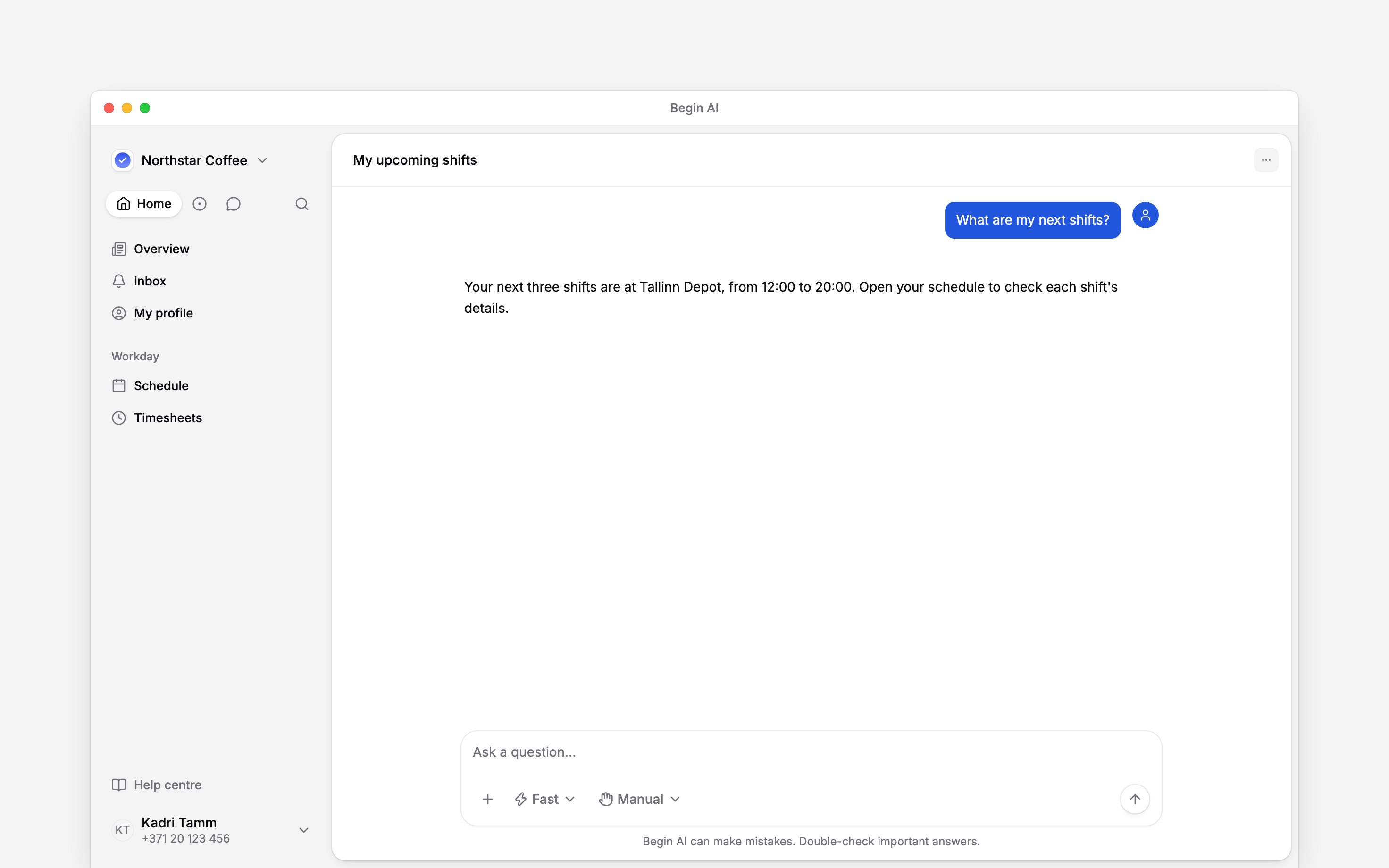 The Begin AI composer where an employee can ask about their work