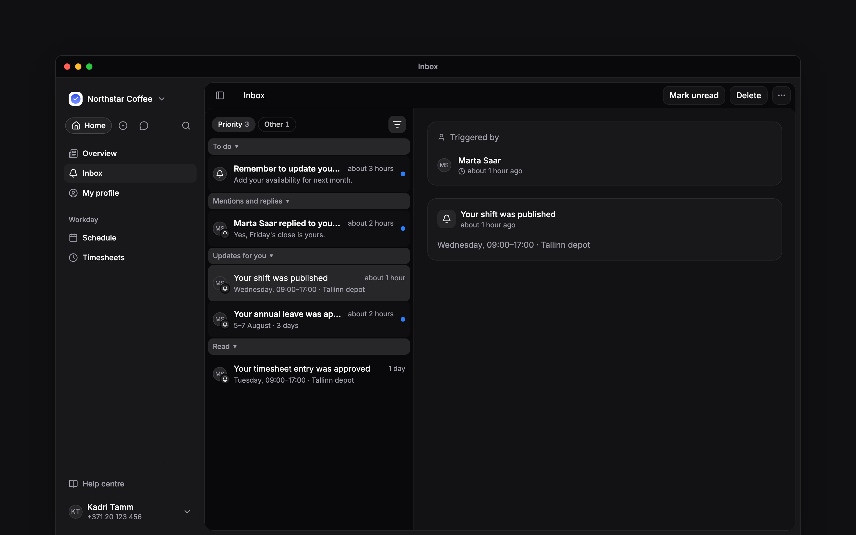 An employee Inbox containing personal shift updates and reminders