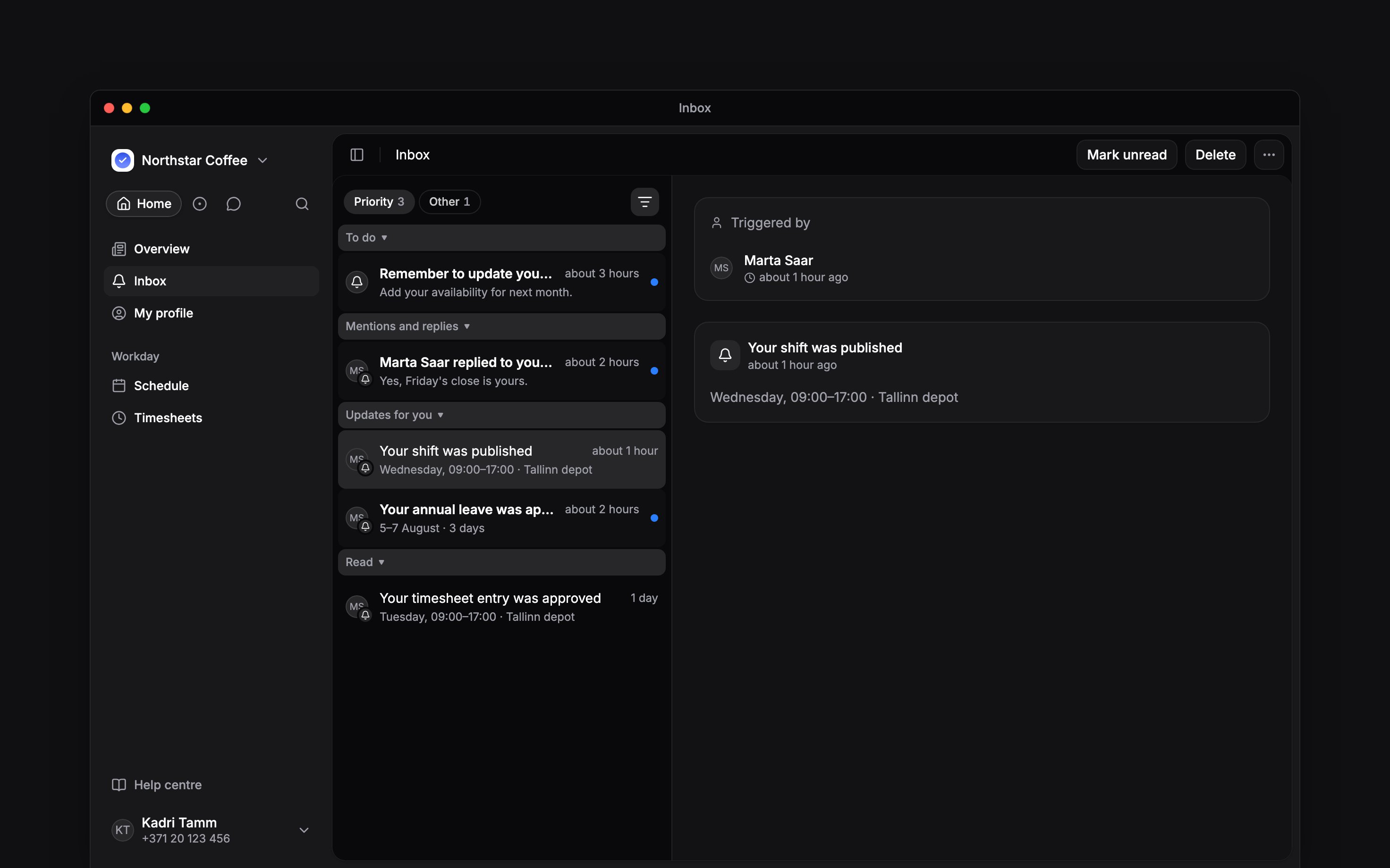 An employee Inbox containing personal shift updates and reminders
