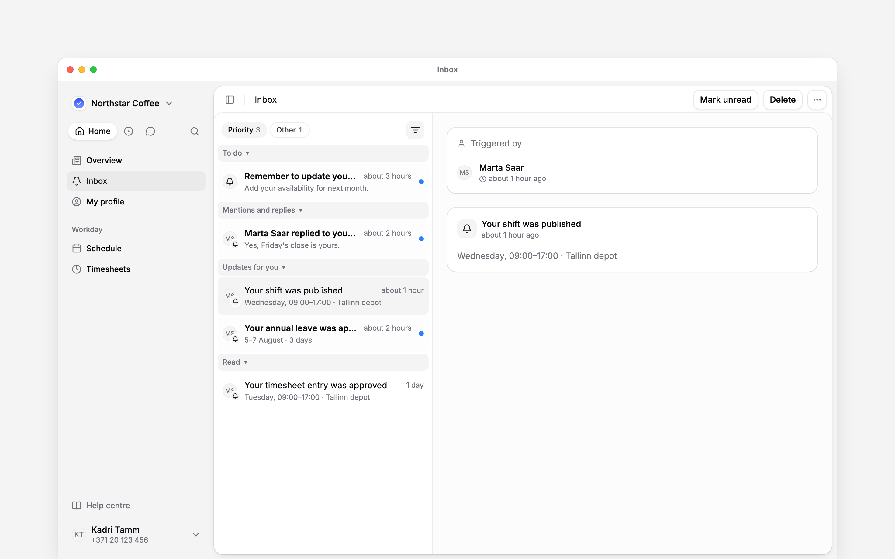 An employee Inbox containing personal shift updates and reminders