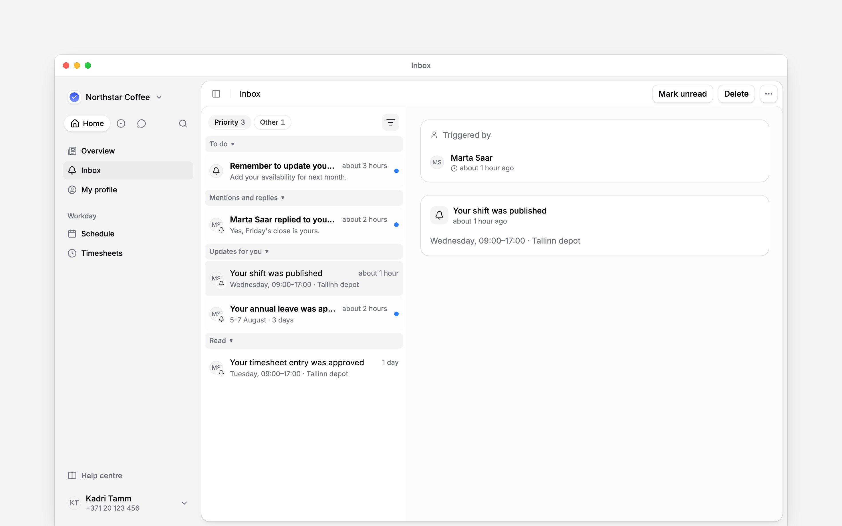 An employee Inbox containing personal shift updates and reminders