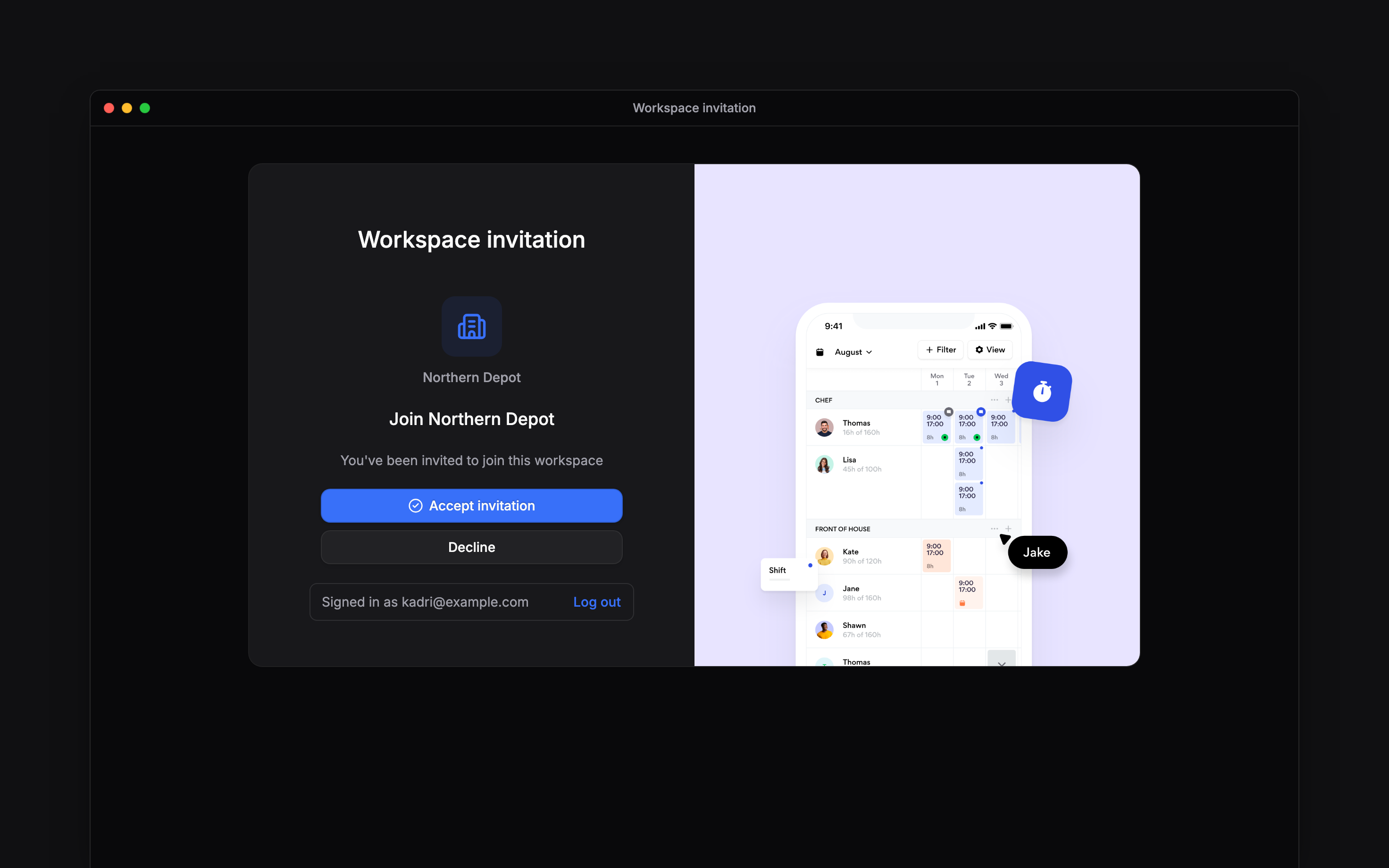 A workspace invitation with its accept and decline actions