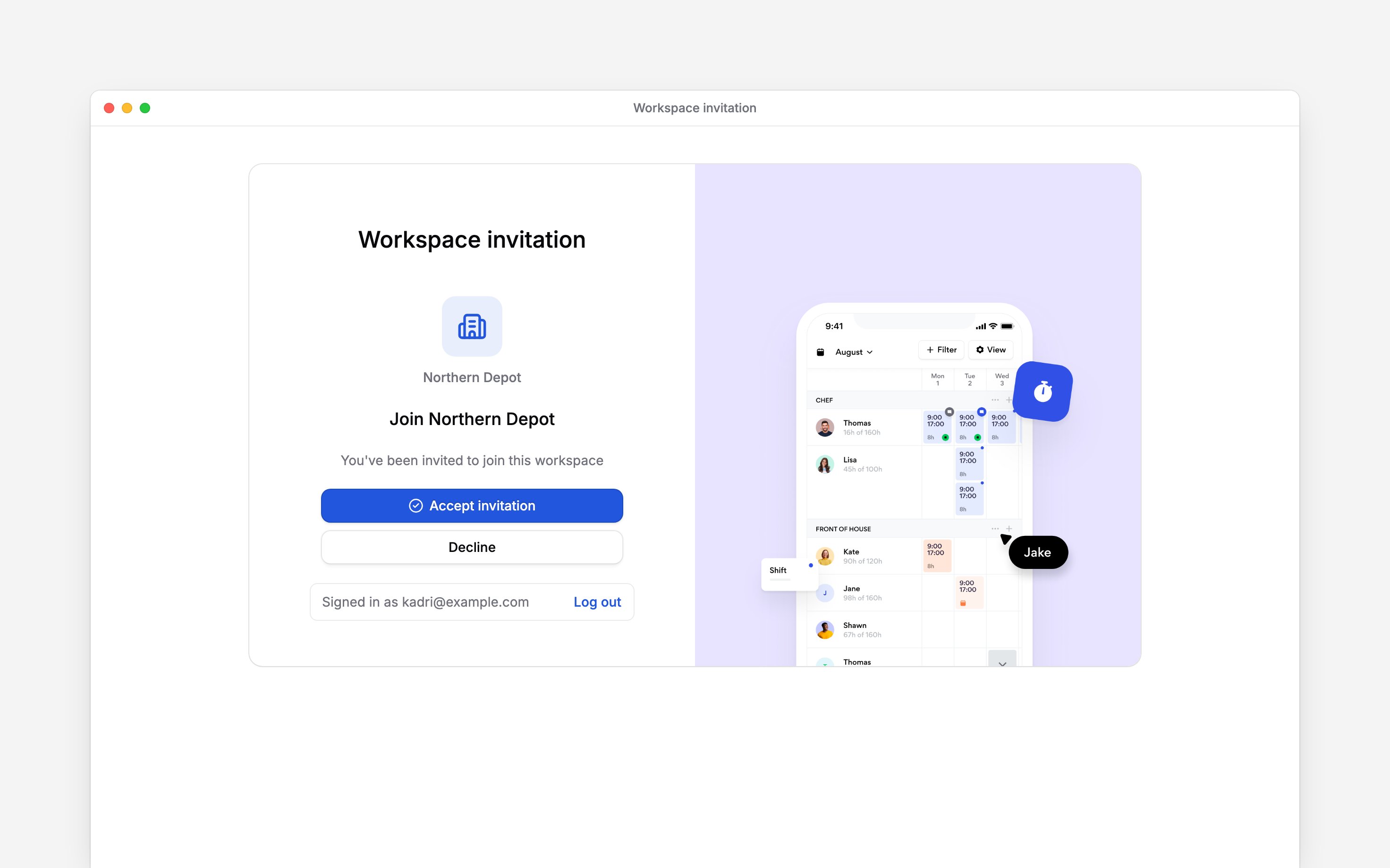 A workspace invitation with its accept and decline actions