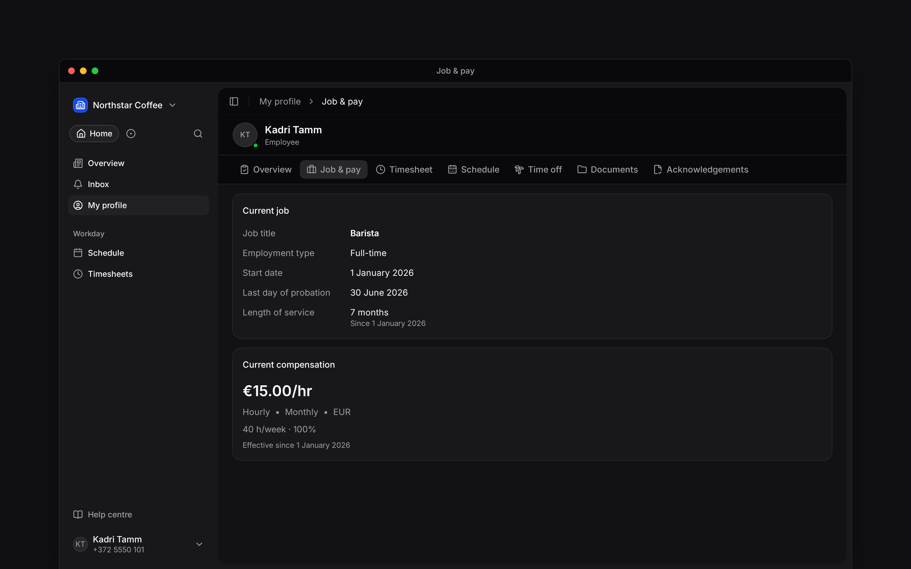 The employee Job and pay tab showing current job and compensation without editing actions