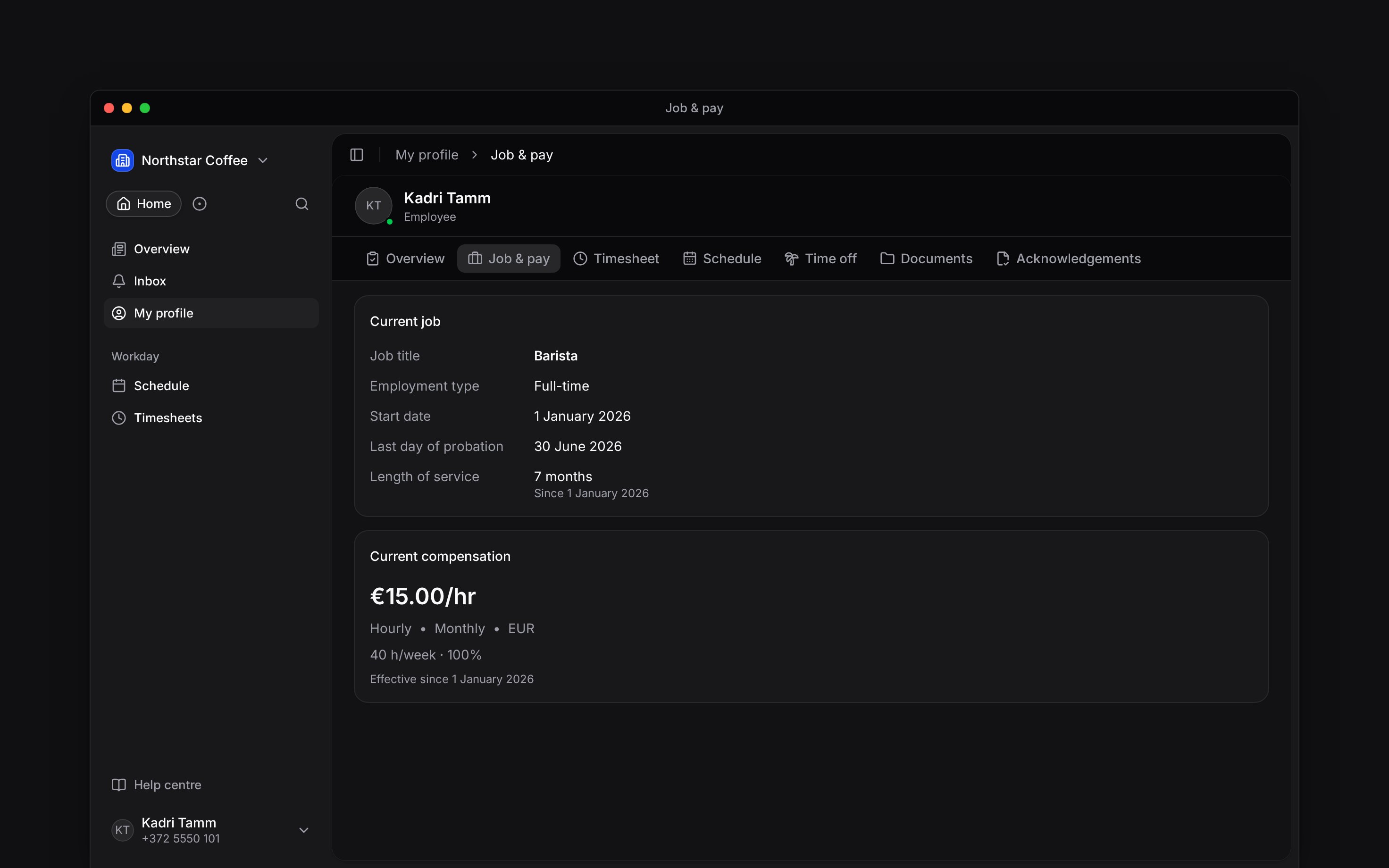 The employee Job and pay tab showing current job and compensation without editing actions