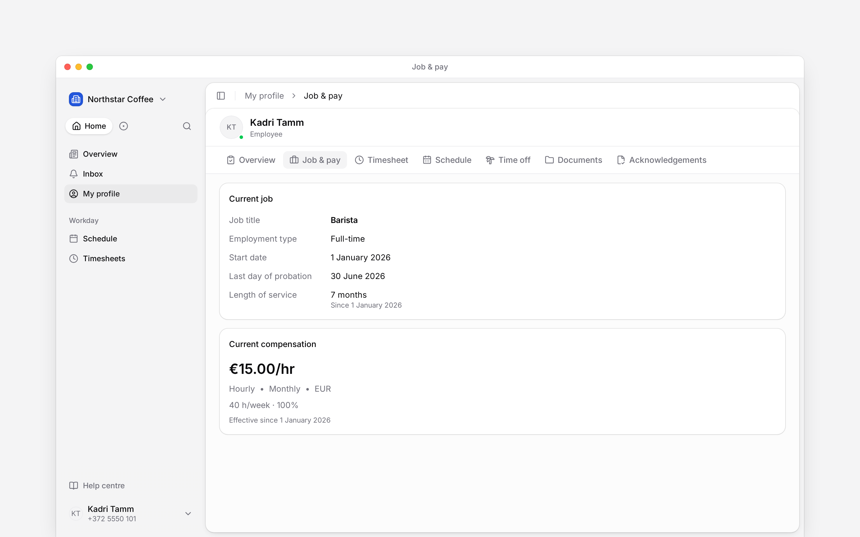 The employee Job and pay tab showing current job and compensation without editing actions