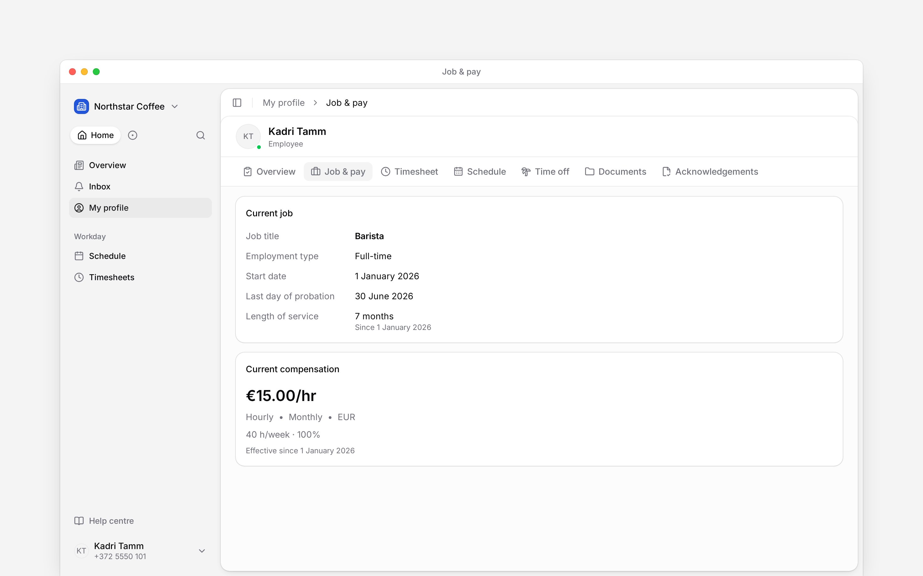The employee Job and pay tab showing current job and compensation without editing actions