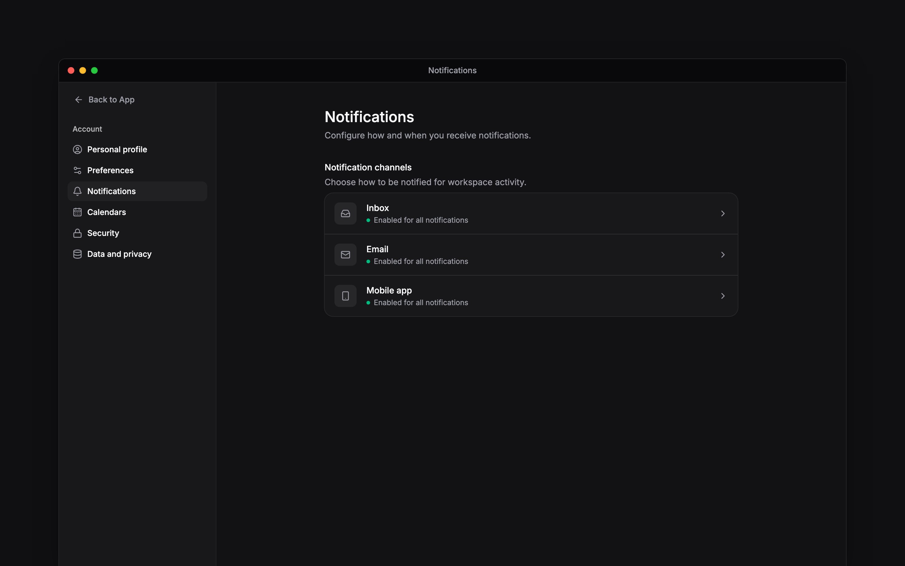 The notification settings overview showing Inbox, Email and Mobile app