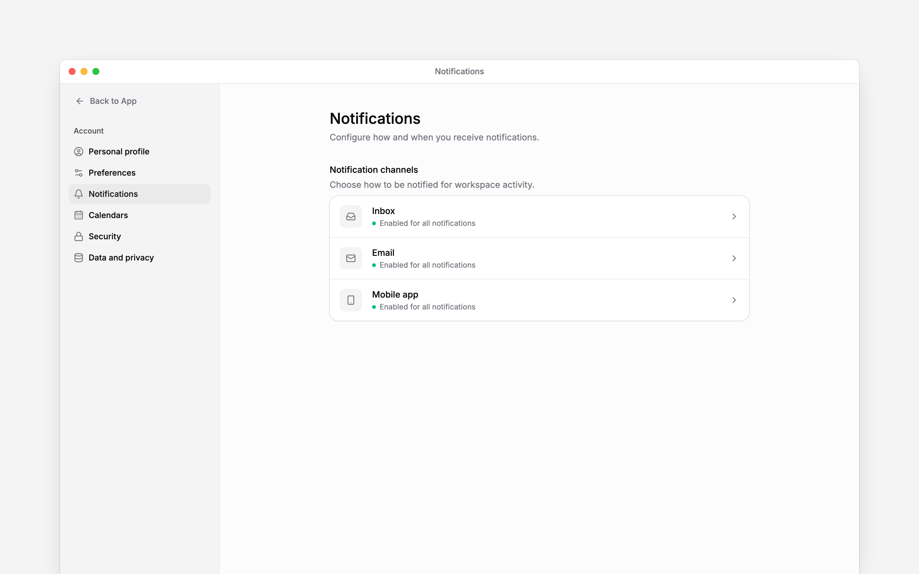 The notification settings overview showing Inbox, Email and Mobile app