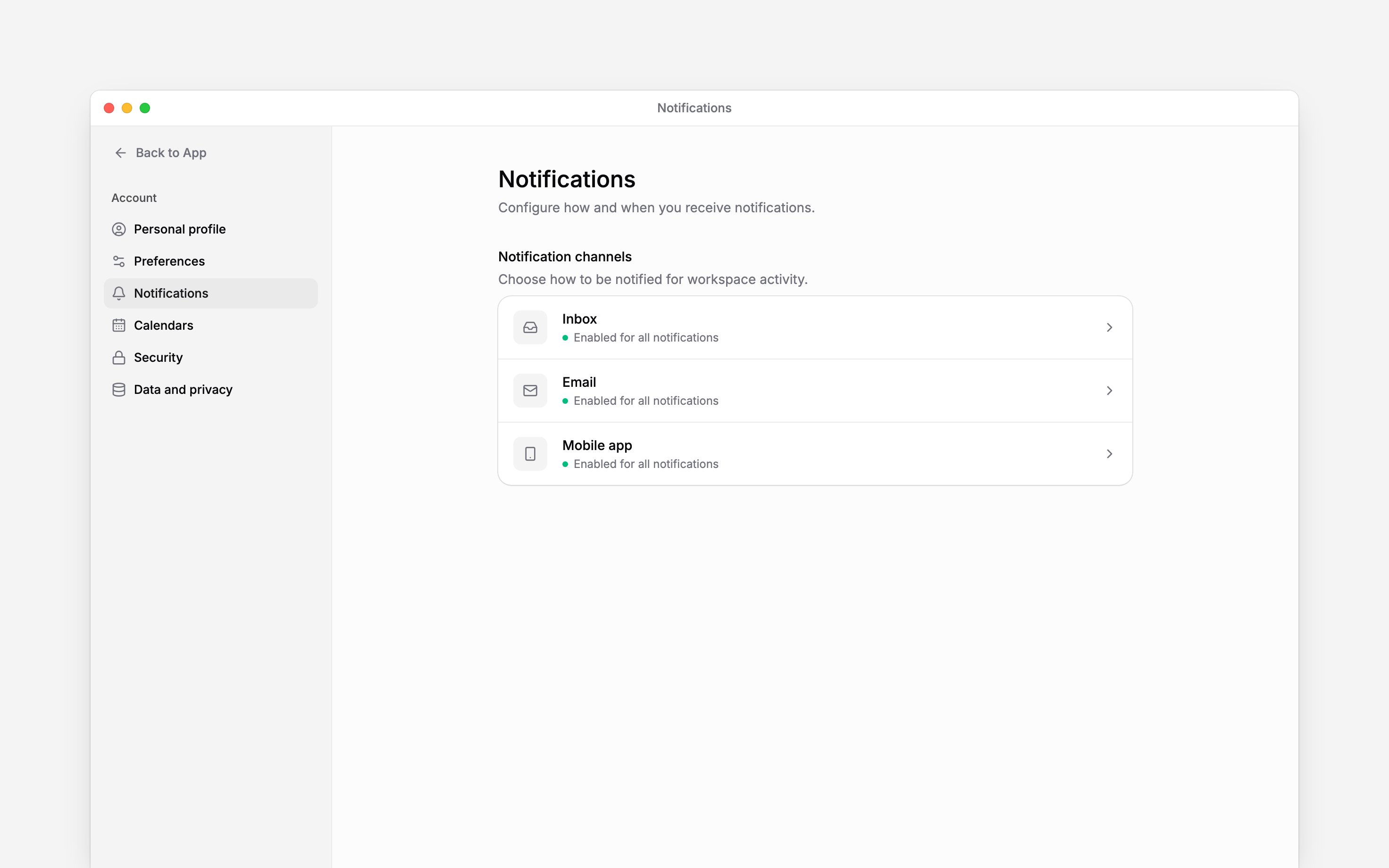 The notification settings overview showing Inbox, Email and Mobile app