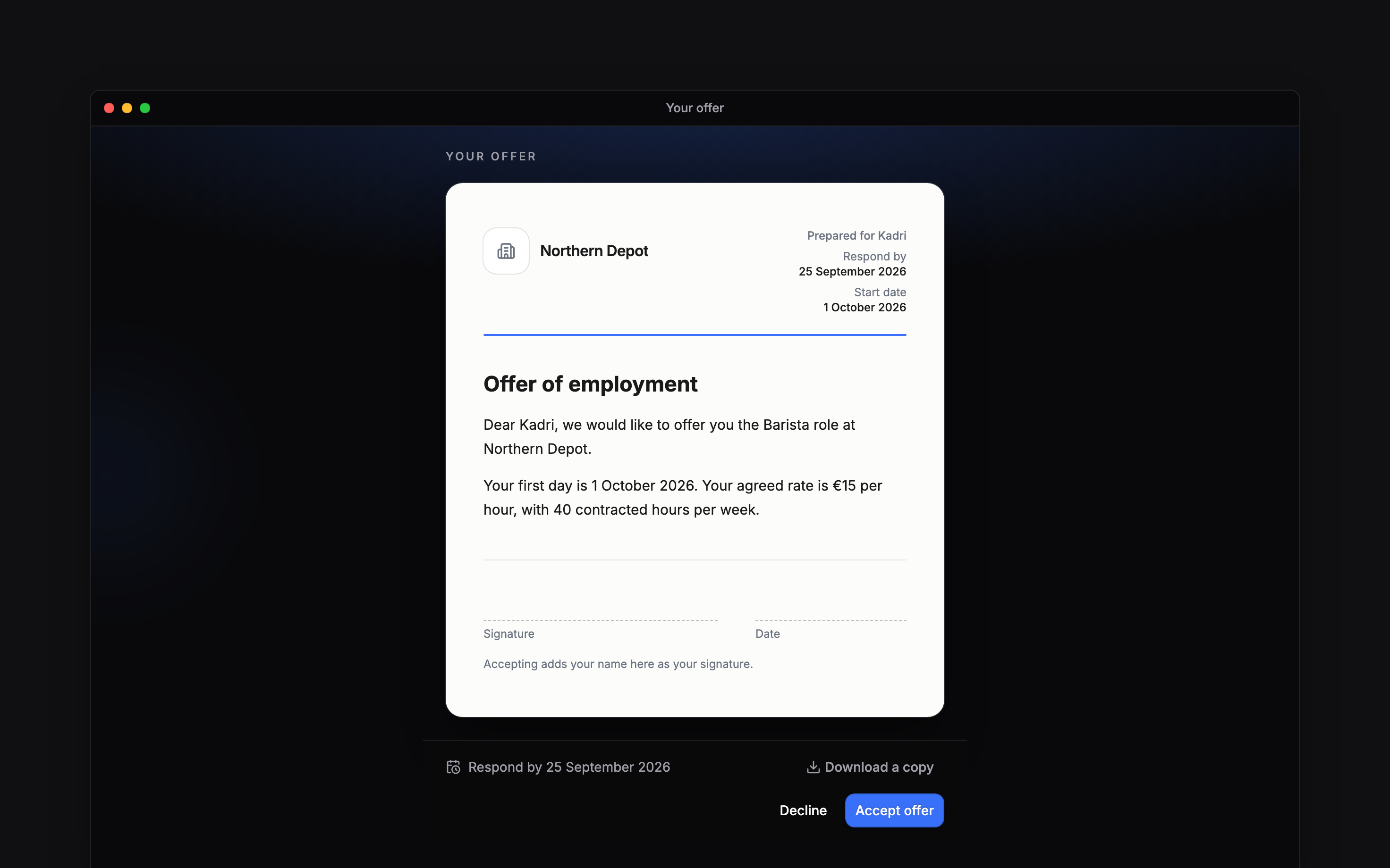 The offer letter with Download a copy, Accept offer and Decline actions