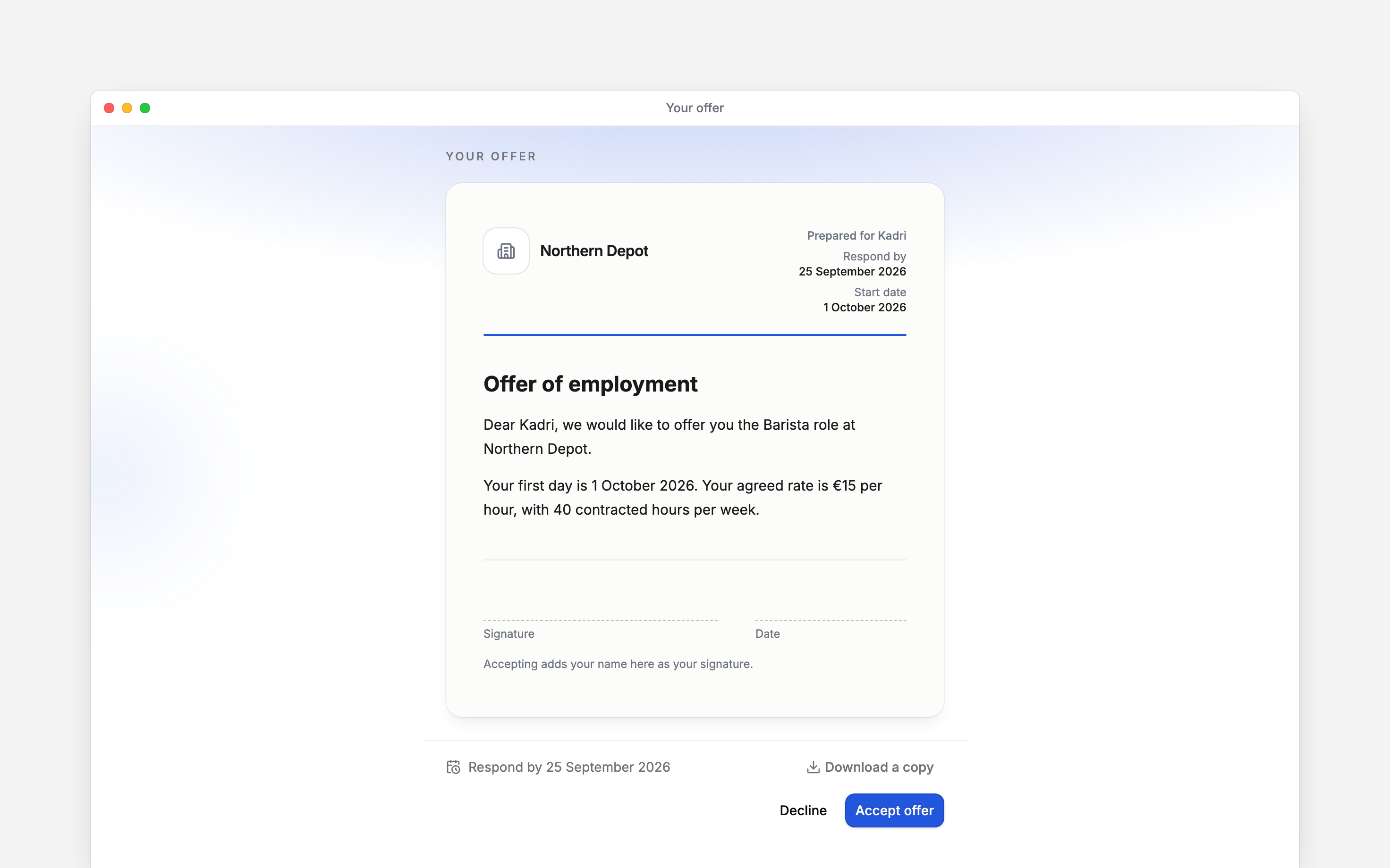 The offer letter with Download a copy, Accept offer and Decline actions