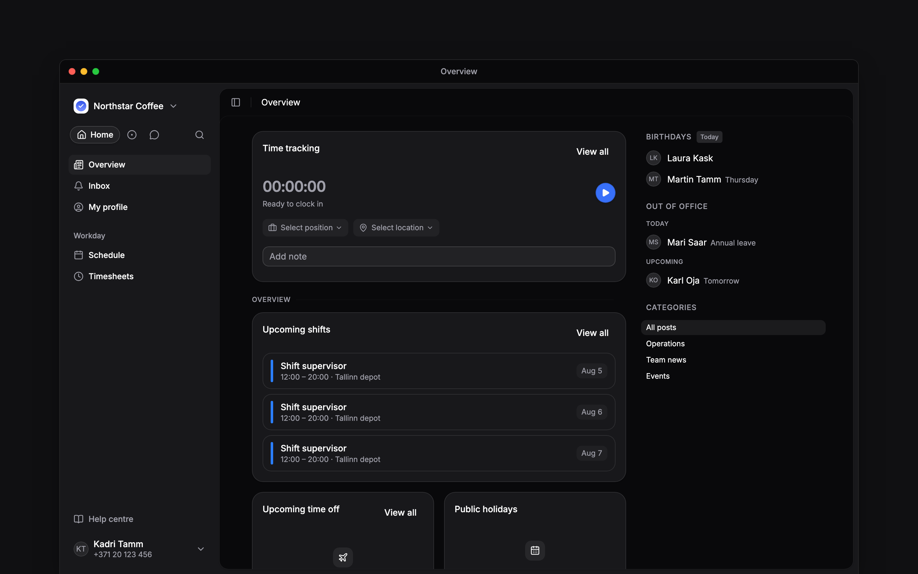 The employee Overview with personal work cards and navigation
