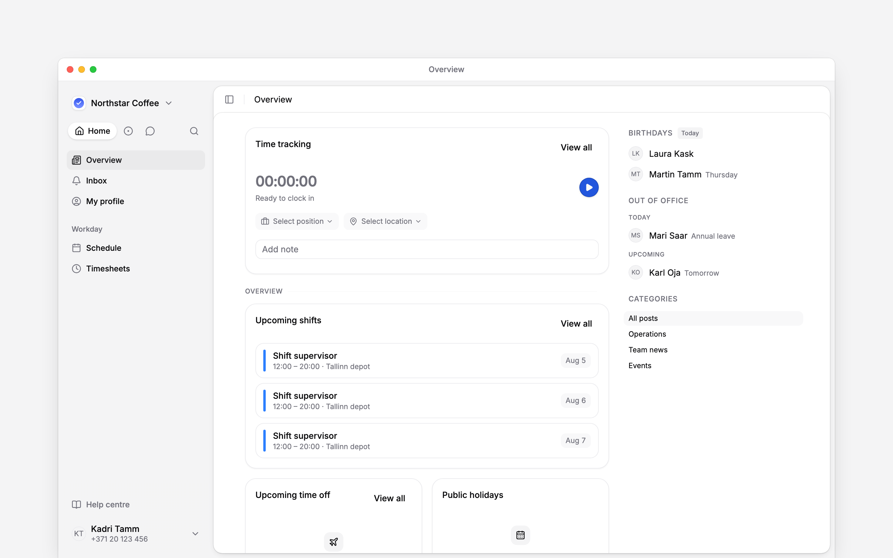 The employee Overview with personal work cards and navigation