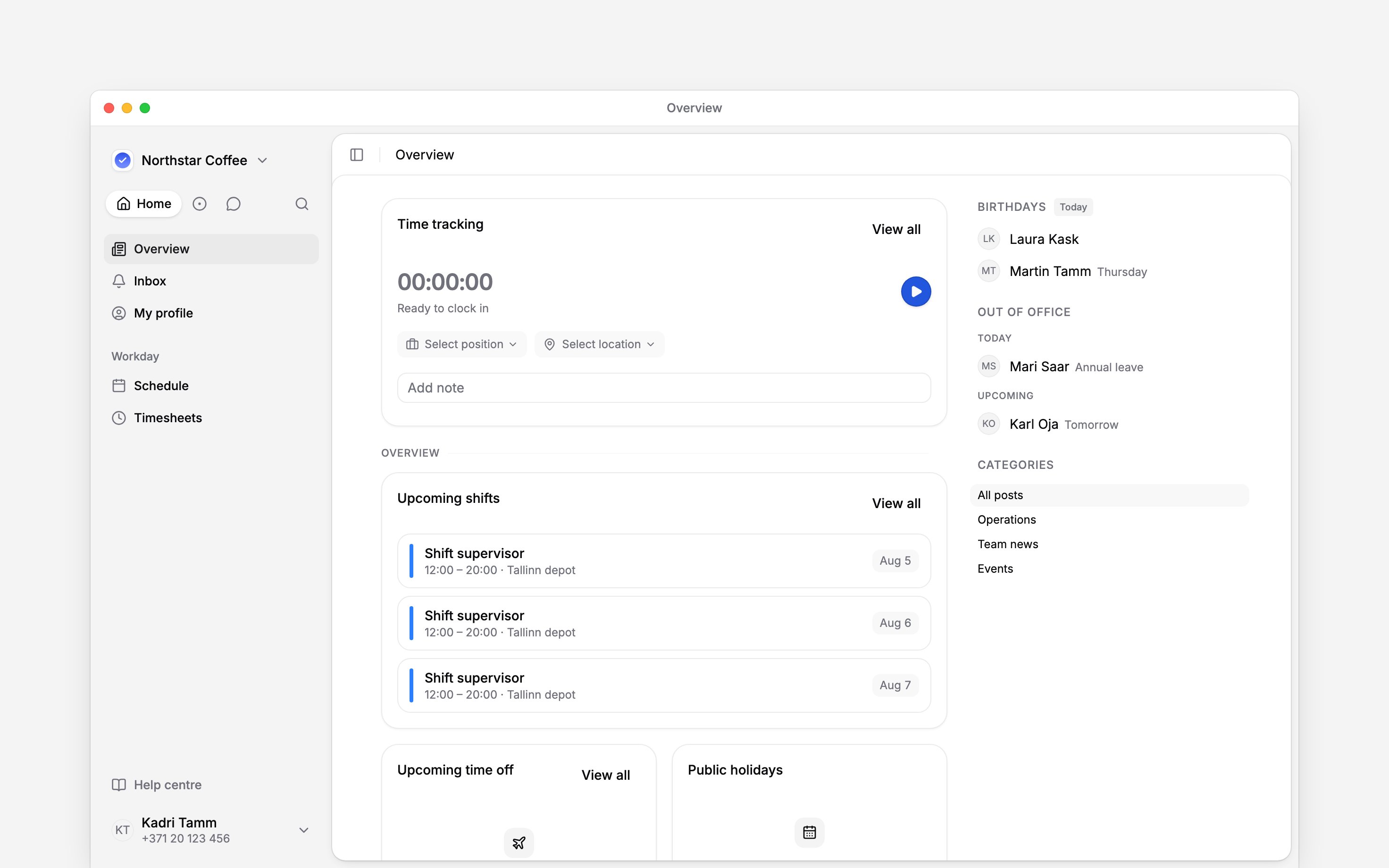 The employee Overview with personal work cards and navigation
