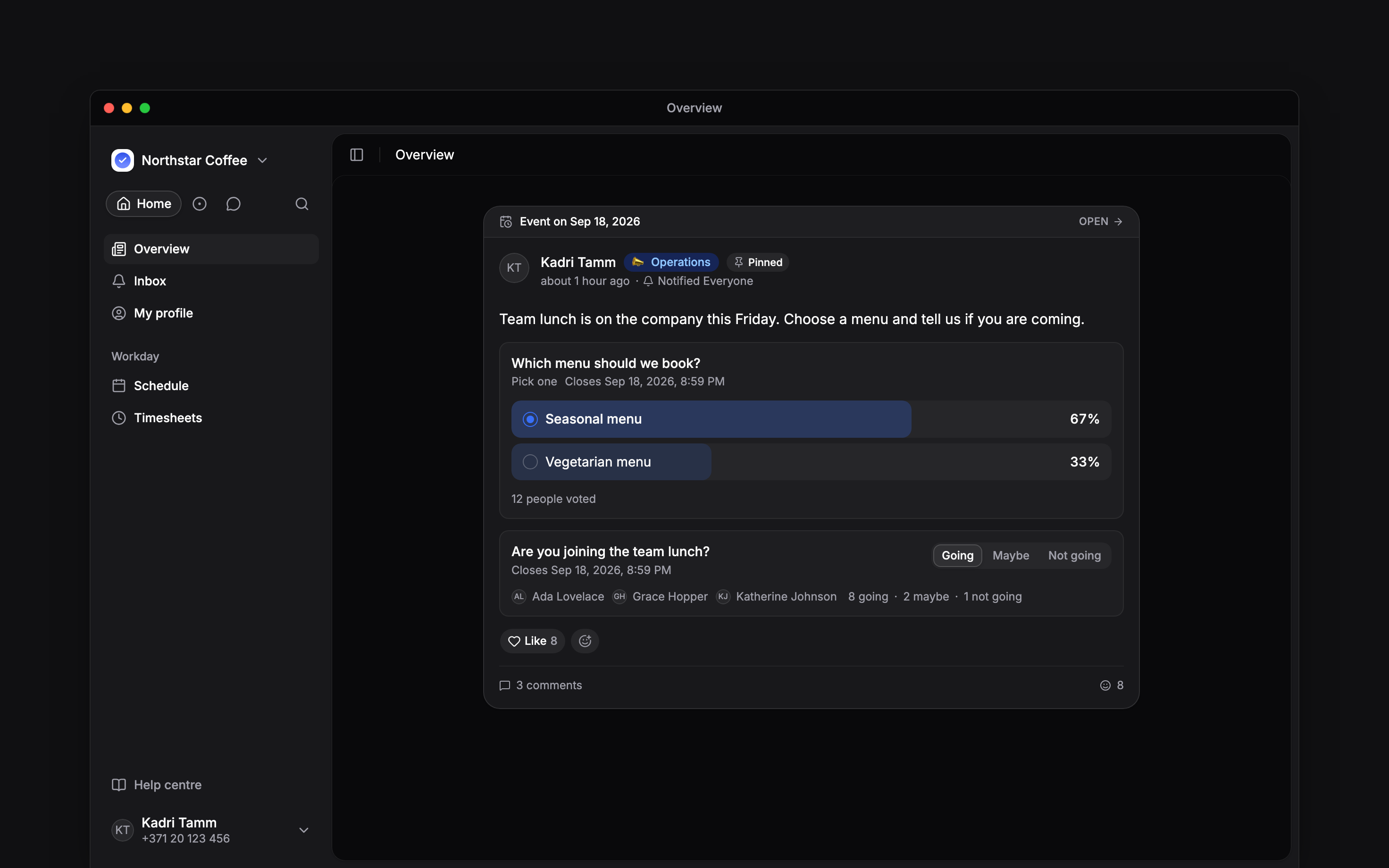 A company lunch poll with recorded votes and Going, Maybe and Not going responses