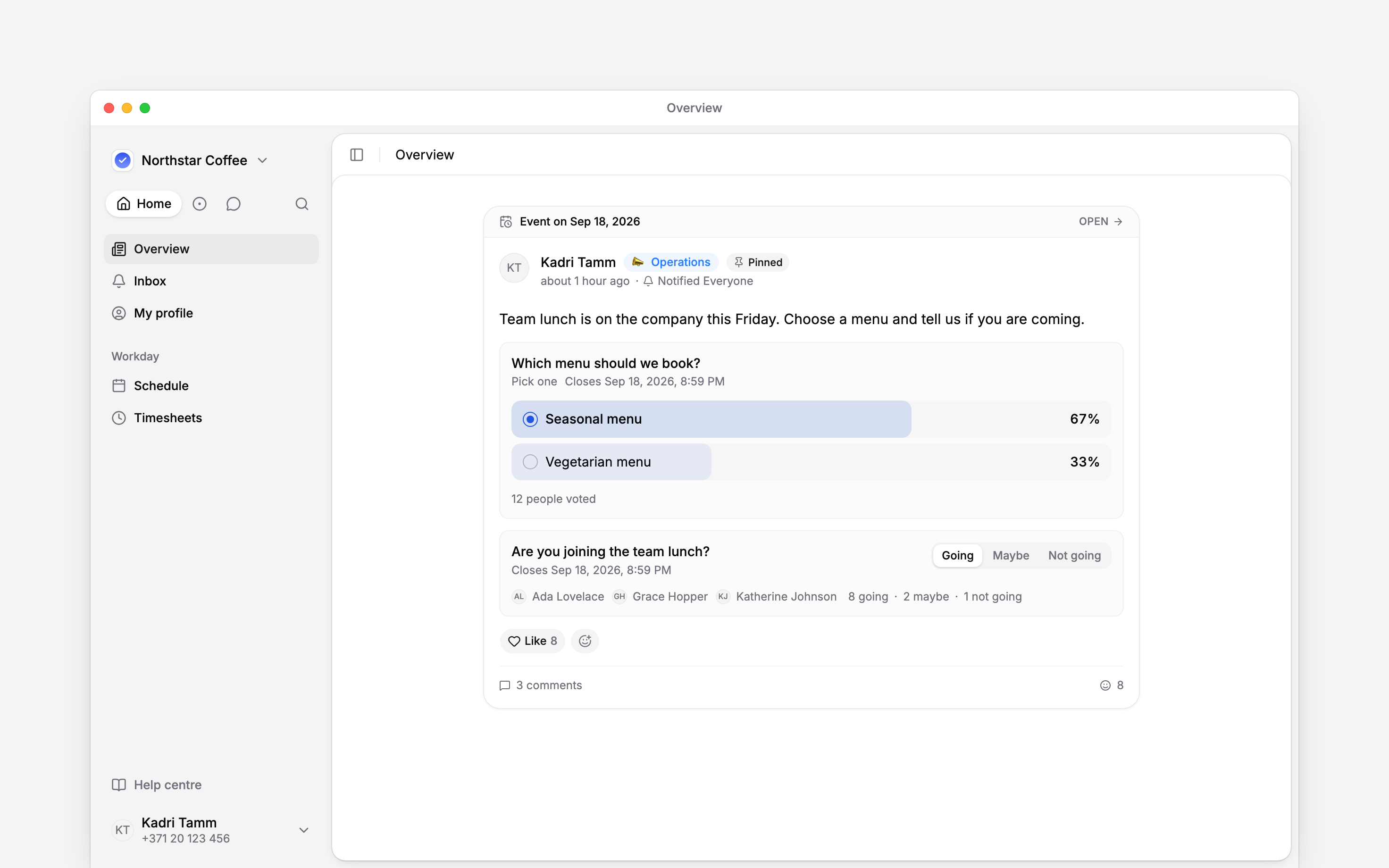 A company lunch poll with recorded votes and Going, Maybe and Not going responses