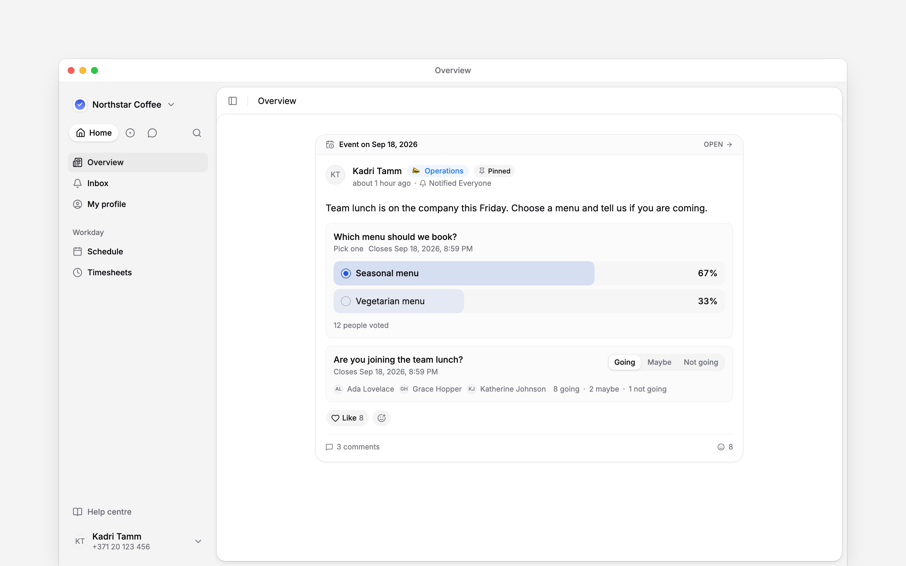 A company lunch poll with recorded votes and Going, Maybe and Not going responses