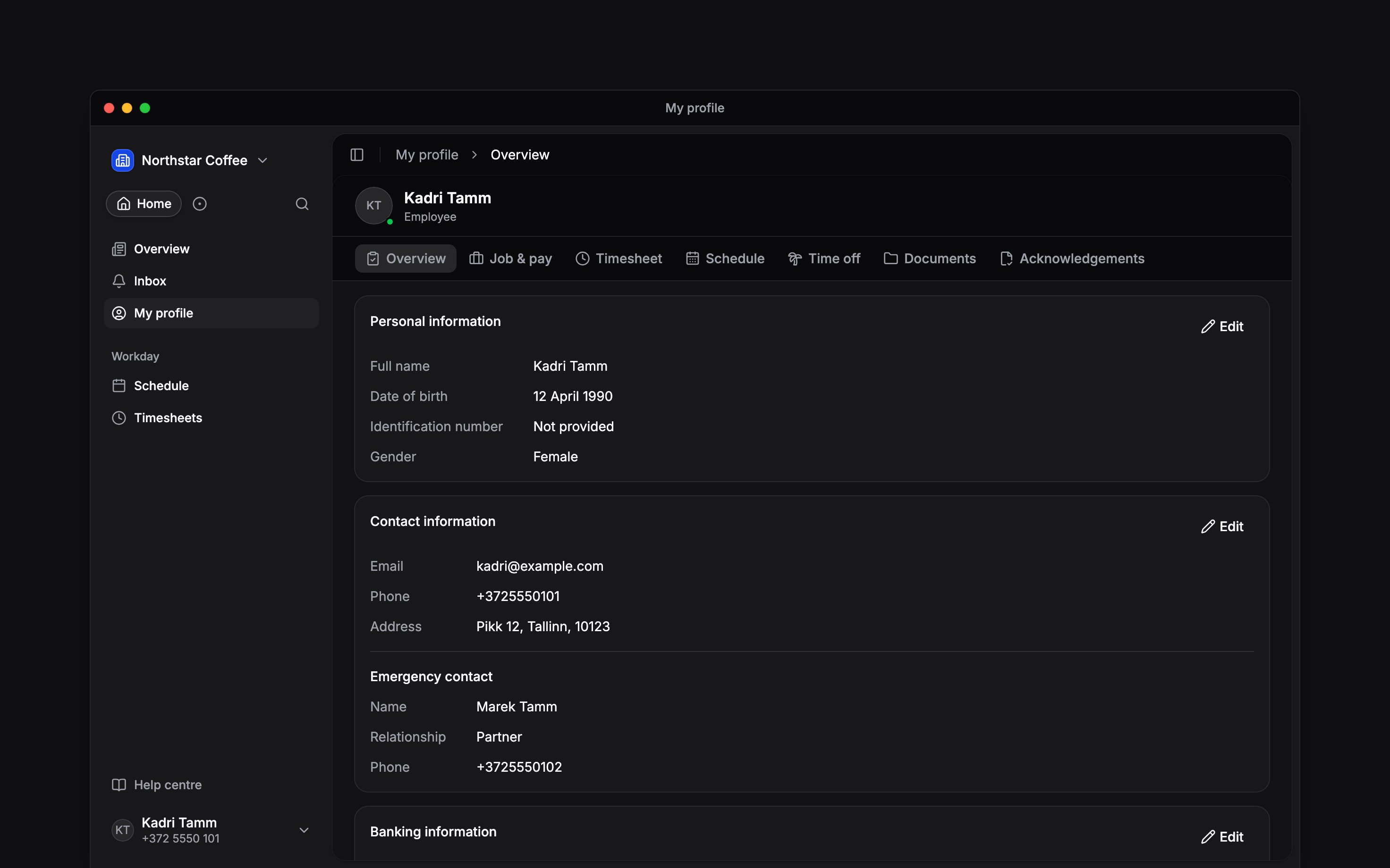 My profile with its tabs and personal-information cards