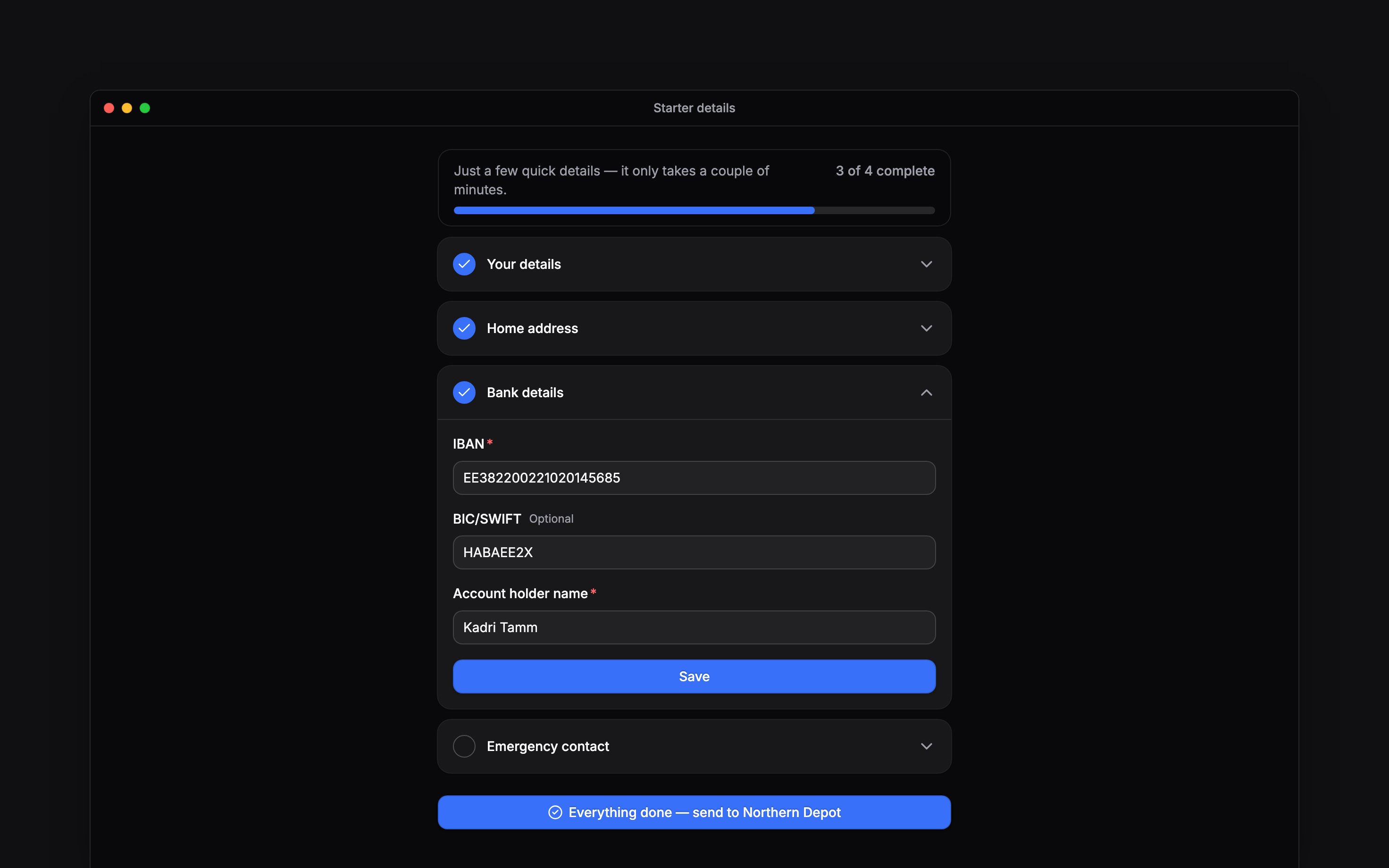The starter-details form with its progress counter and saved sections