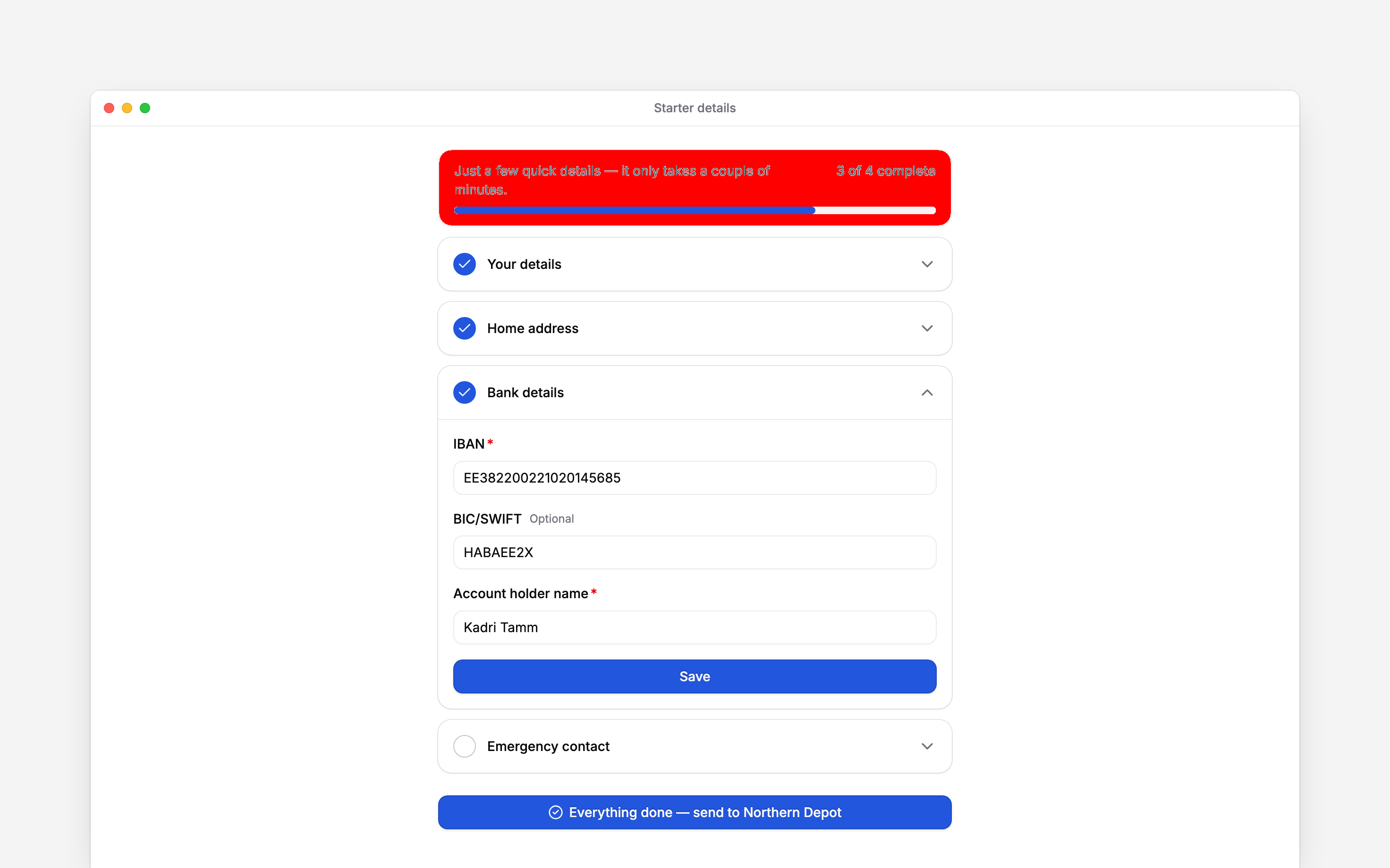 The starter-details form with its progress counter and saved sections