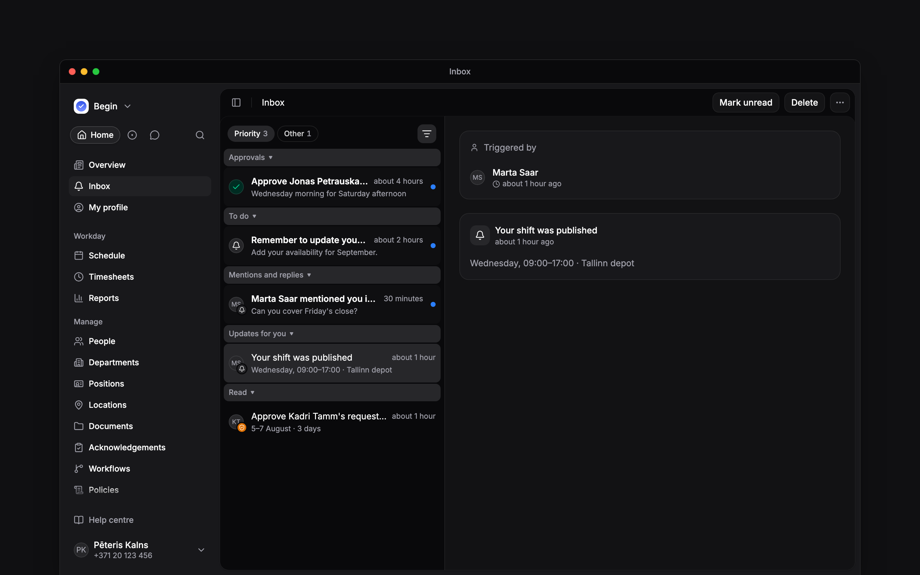 The Begin inbox with a list of updates beside a selected notification