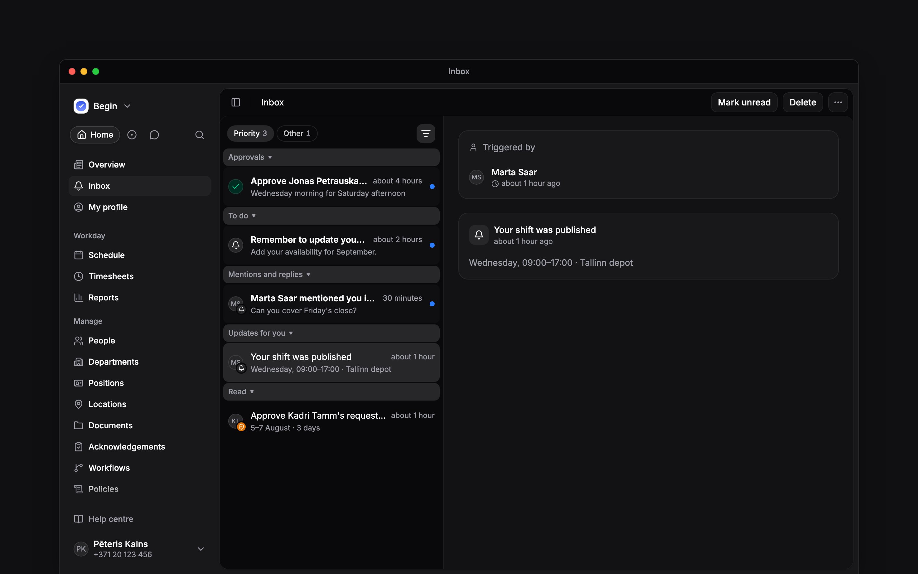 The Begin inbox with a list of updates beside a selected notification