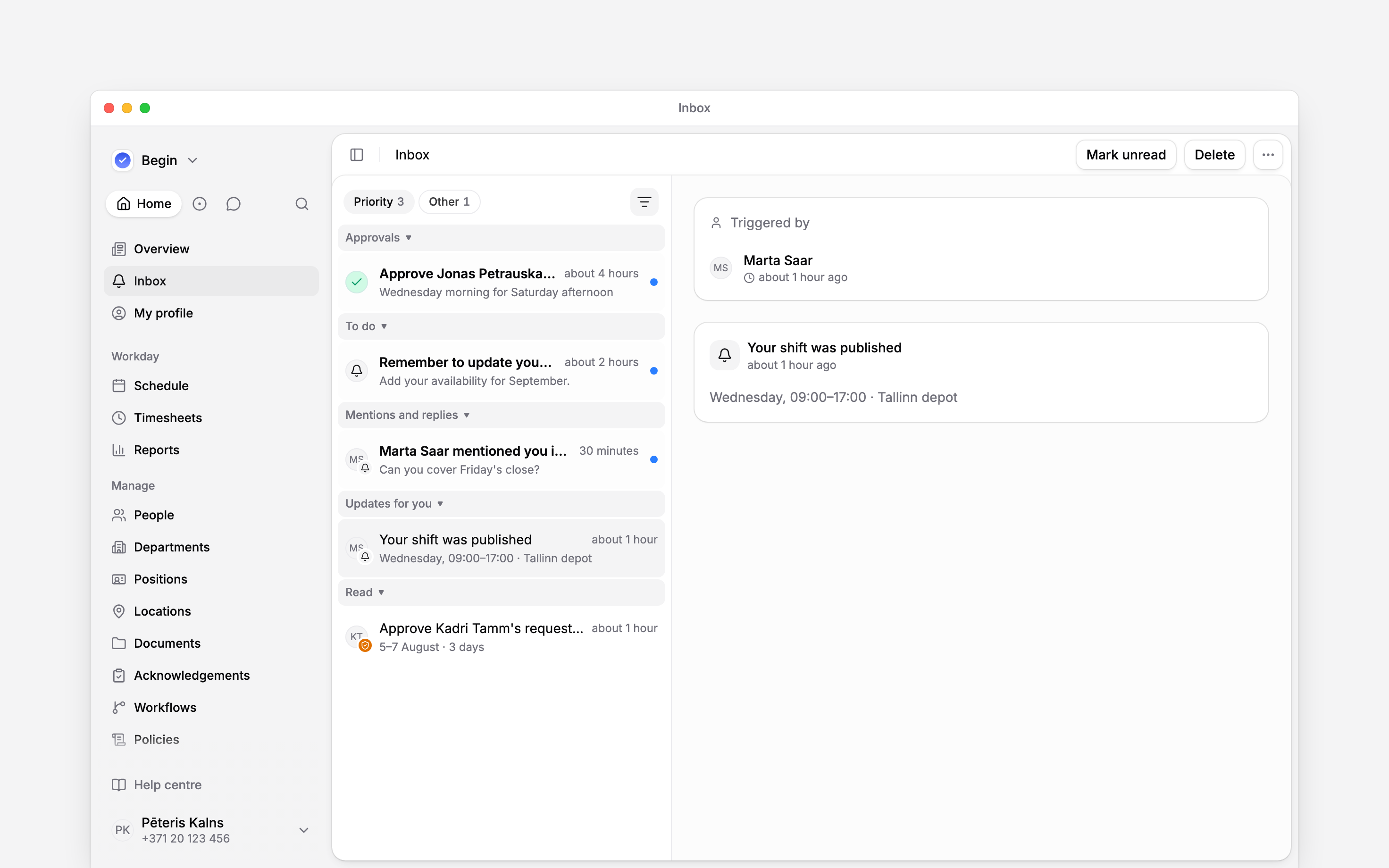 The Begin inbox with a list of updates beside a selected notification