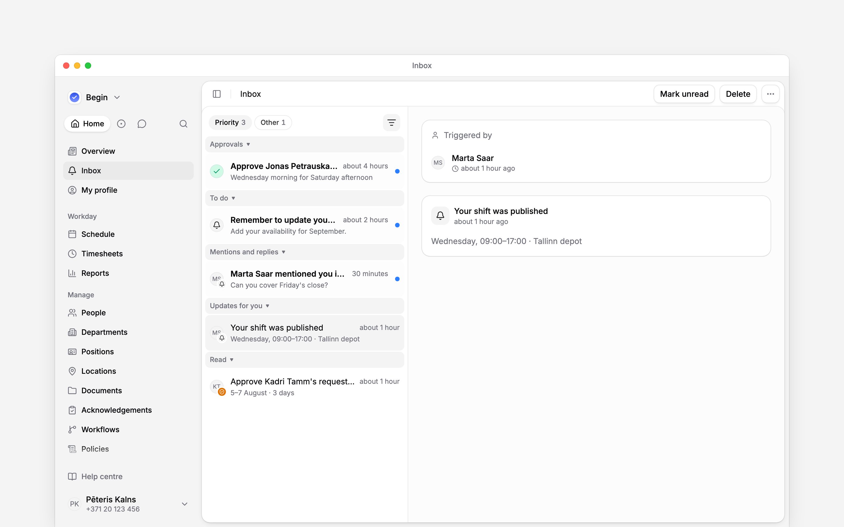 The Begin inbox with a list of updates beside a selected notification