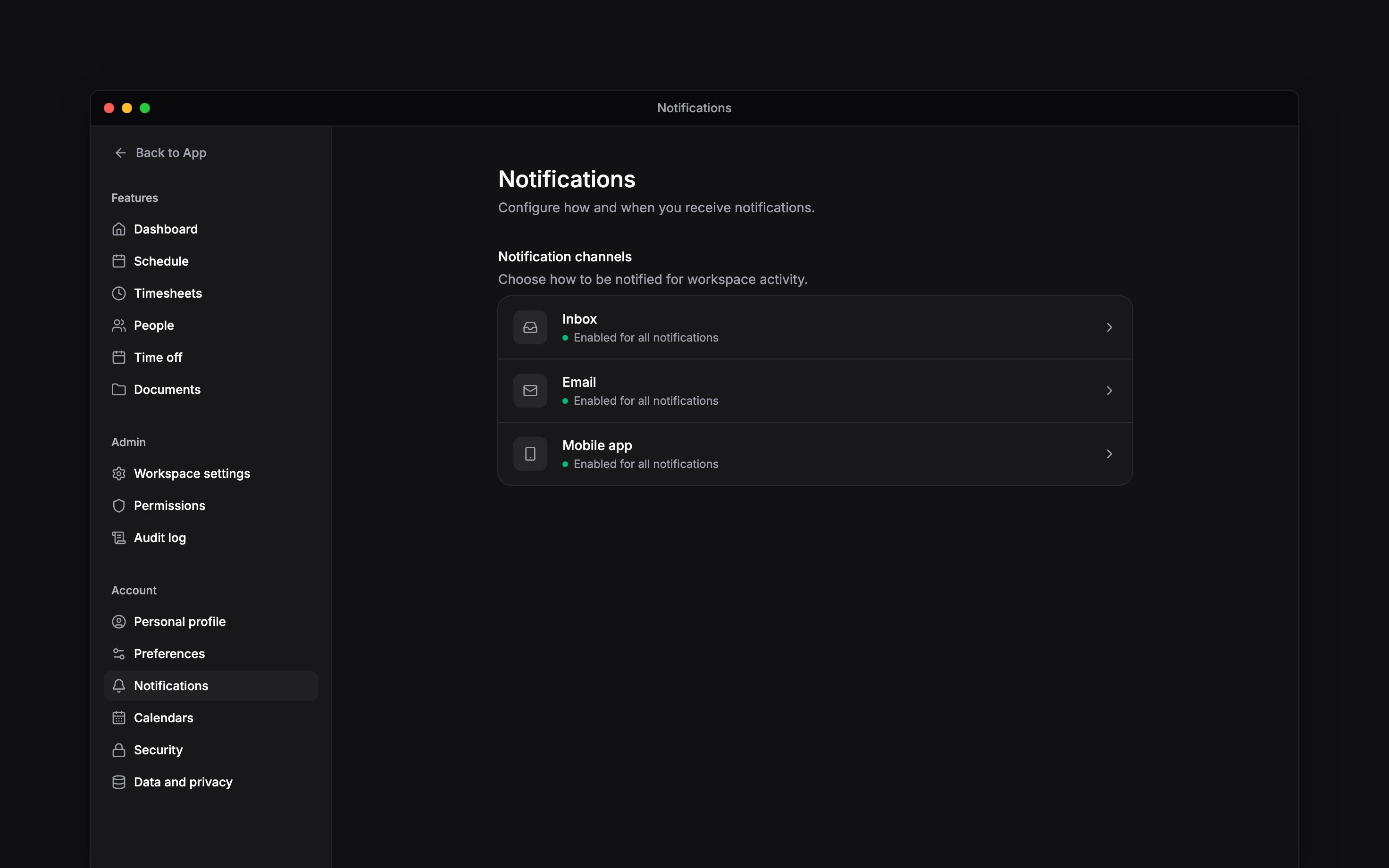 The notification settings overview showing Inbox, Email and Mobile app