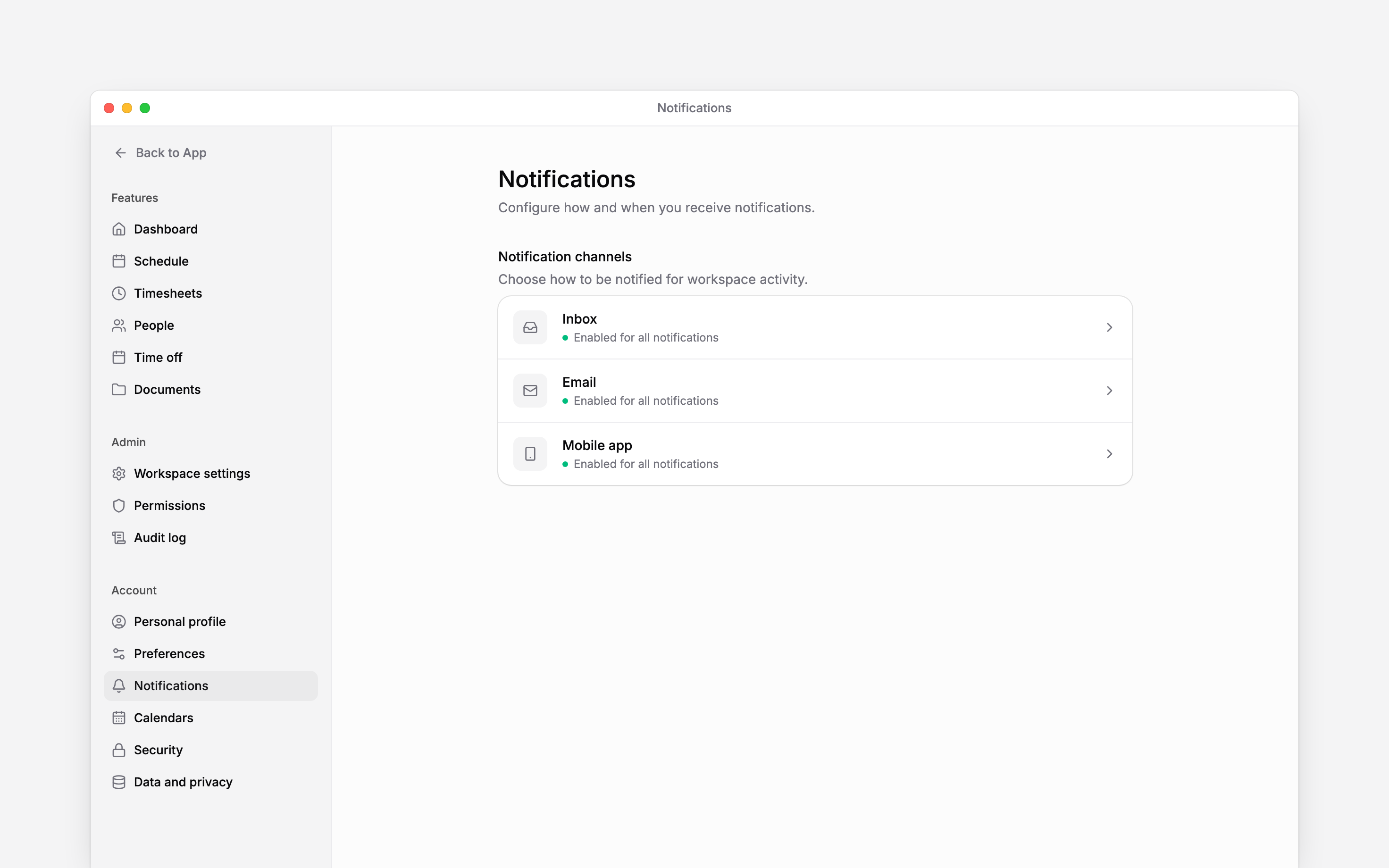 The notification settings overview showing Inbox, Email and Mobile app